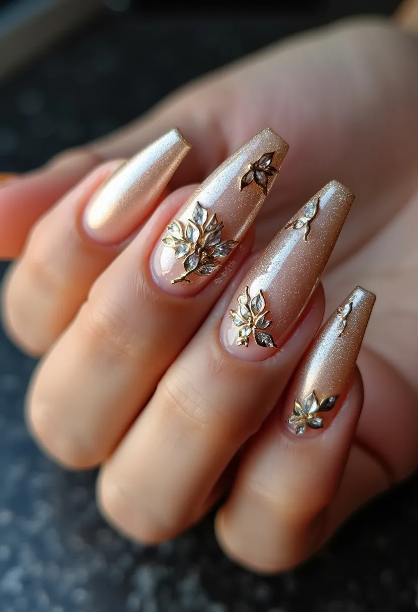 The nail design features a gold color palette with a subtle shimmer, enhancing the elegance of the manicure. The nails are shaped in a long coffin style, providing a sophisticated canvas for the intricate decorations. Adorned with 3D metallic floral accents in gold, each nail showcases a distinctive yet cohesive pattern, adding a touch of luxury and artistry to the overall look. The nail treatment appears to be gel-based, contributing to the glossy and polished finish, ensuring durability and longevity. This design incorporates seasonal autumn themes, suitable for special occasions that call for a glamorous and refined appearance.