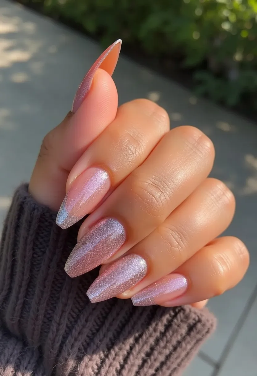 The nail design showcases a sleek, elongated almond shape with a smooth gradient and subtle sparkle, suggesting a modern and chic style. The color palette features soft, iridescent hues of pastel pink and lavender, creating a delicate and feminine appearance. The nails are likely treated with gel polish, given their glossy finish and seamless look. This design does not include any intricate patterns or decorations but stands out with its simple elegance and refined shimmer. The soft, pastel colors and discreet sparkle make this design versatile for both casual and formal occasions, possibly reflecting a spring or early summer theme.