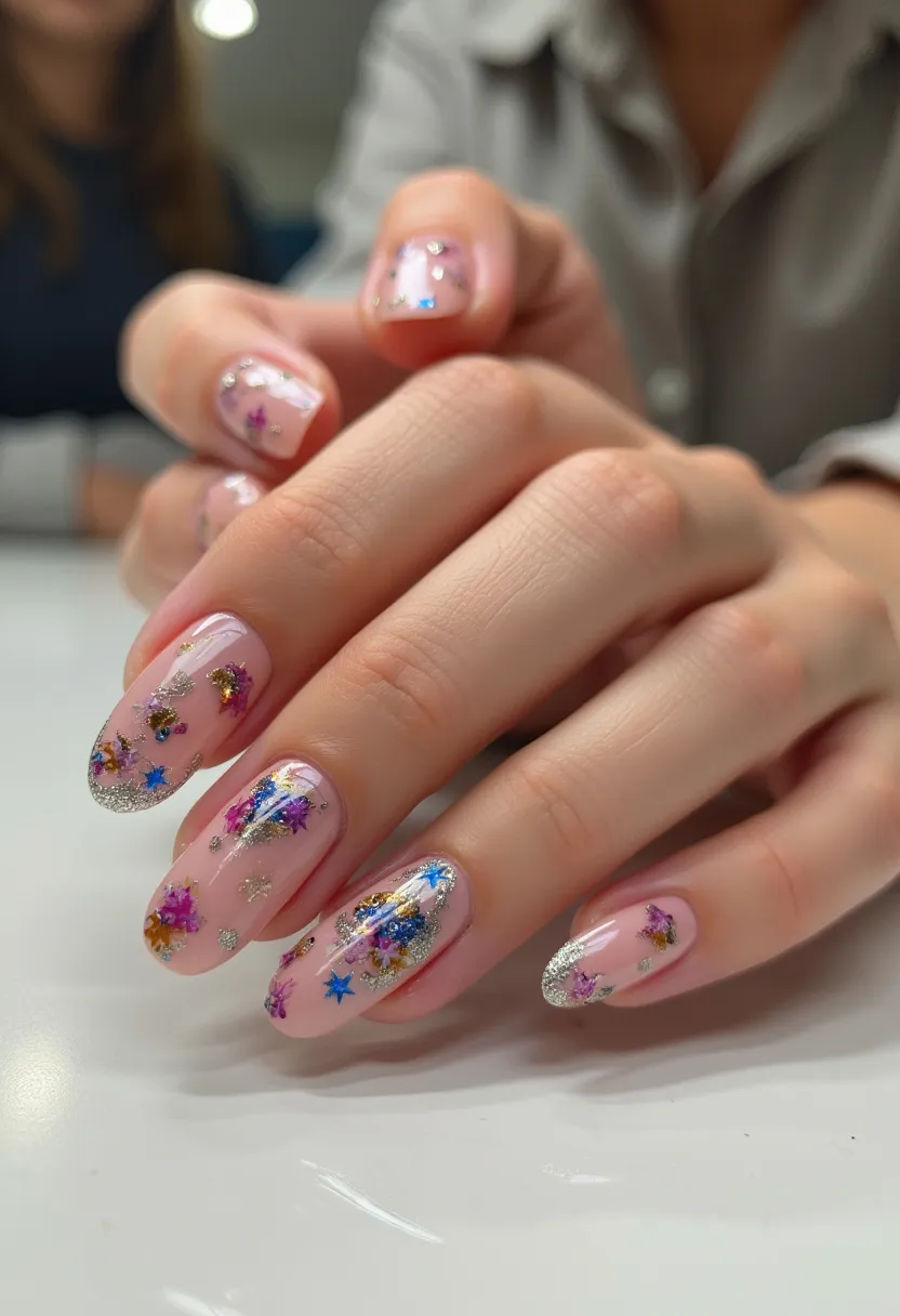 The nail design showcases a vibrant and festive look, suitable for a celebratory or holiday-themed occasion. The nails are almond-shaped, ensuring an elegant and elongated appearance. The base color is a soft, translucent pink, which provides a gentle and subtle backdrop for the more intricate details. Arrayed across the nails are colorful confetti-like decorations and metallic glitter, encompassing hues like blue, purple, gold, and silver, which create a lively and dynamic effect. Notable are the star-shaped decorations and small dried flower appliqués, adding a touch of whimsy and uniqueness. The glossy finish indicates that a gel treatment was likely used, ensuring durability and an enduring shine. Overall, the design strikes a balance between playful and chic, perfect for a festive environment.