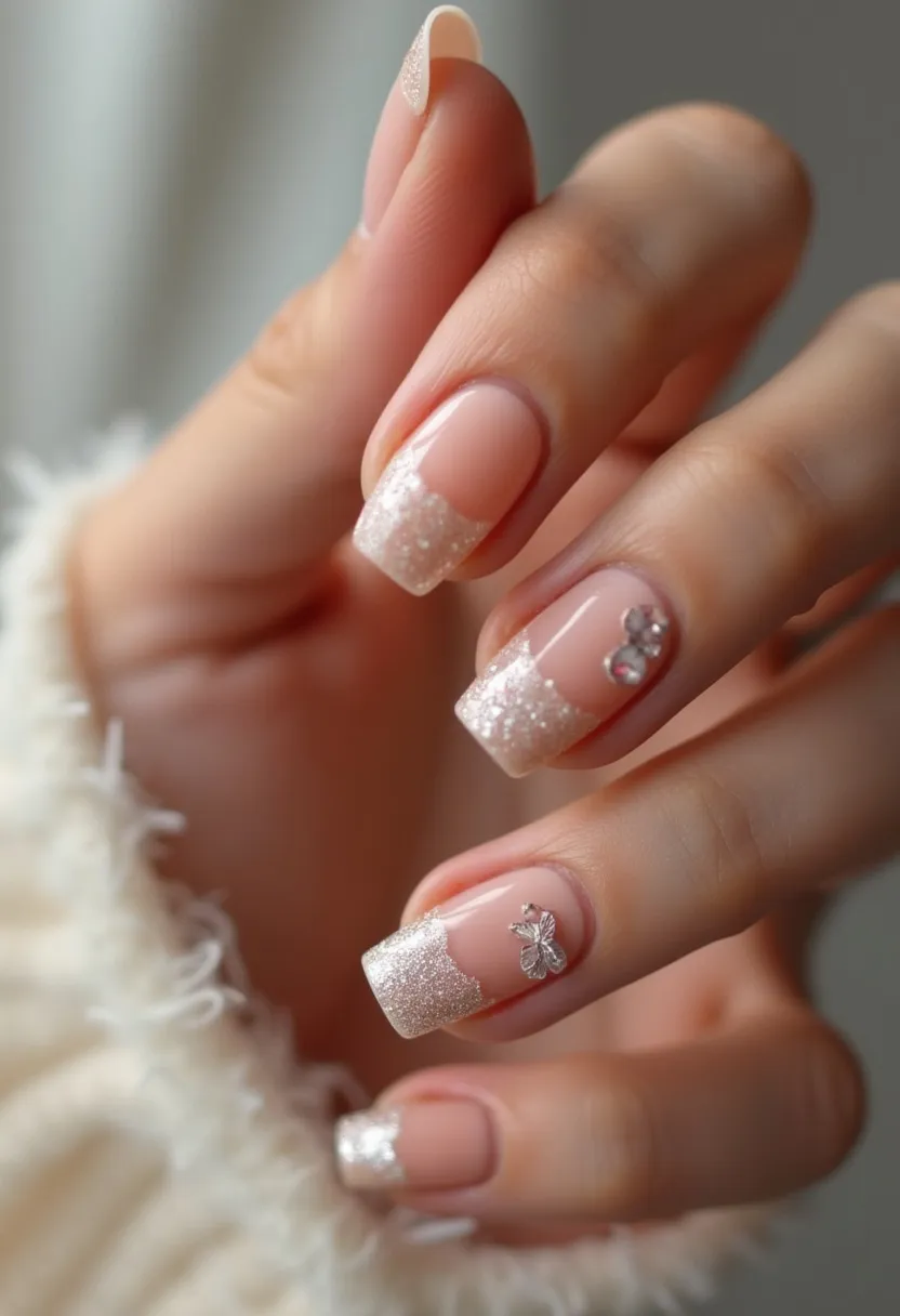 The nail design features a predominantly pastel and neutral color palette, with a base of soft, natural nude tones accentuated by sparkly white tips resembling a subtle French manicure. The nails are shaped in a neat, squared-off style that offers a clean and modern look. Intricate decorations include tiny rhinestone accents and a delicate metallic butterfly, adding an elegant and personalized touch to the design. The finish appears to be a glossy and smooth gel treatment, ensuring a durable and polished look. The shimmering effect and refined decorations suggest this design could be suited for a special occasion such as a wedding or holiday celebration, providing a sophisticated yet festive appearance.