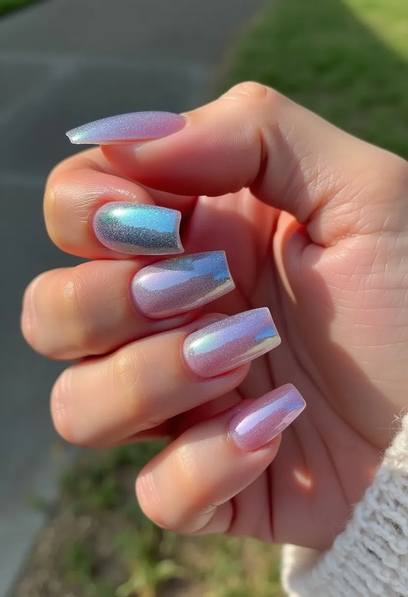 The nail design features a stunning iridescent color palette that shifts between shades of light blue, lavender, and pink, creating a captivating holographic effect. The nails are shaped in a square style with a slight taper at the edges, providing a modern and clean look. The intricate pattern is consistent across all nails, with the holographic finish adding depth and a multidimensional shimmer. This design appears to be achieved using gel nail polish, given the high gloss and smooth surface that is characteristic of gel treatments. The overall feel of the design is reminiscent of a futuristic or celestial theme, making it suitable for special occasions or everyday wear with a touch of glamor.