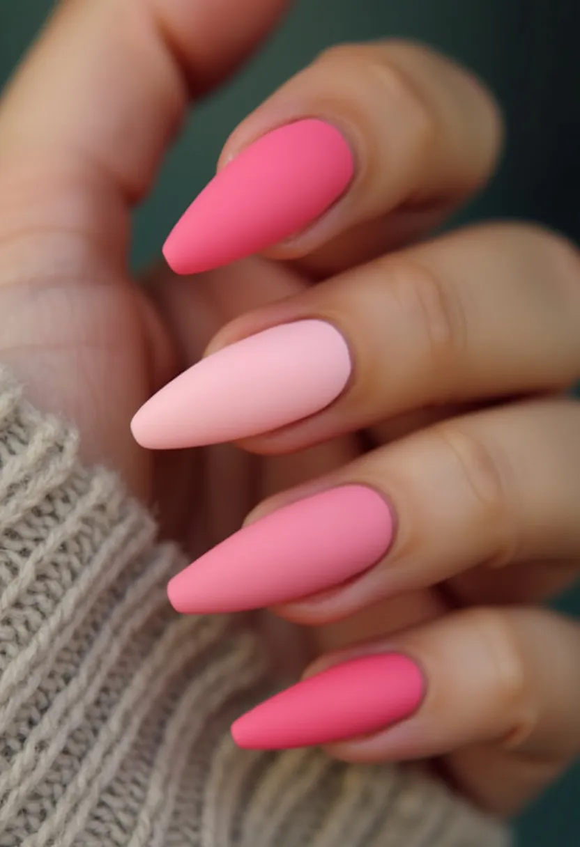 The nail design features a palette of various shades of pink, ranging from a soft pastel pink to a deeper, vibrant pink. The nails are almond-shaped, which gives them a sleek and elongated appearance. Each nail has a smooth, matte finish, indicative of a possible gel or dip powder nail treatment, known for their durability and uniform texture. There are no additional intricate patterns or decorations, allowing the gradient of pink hues to stand on their own, creating a cohesive and visually appealing look. The choice of colors and the simplicity of the design suggest a versatile style suitable for both everyday wear and special occasions, particularly in the spring or summer seasons.