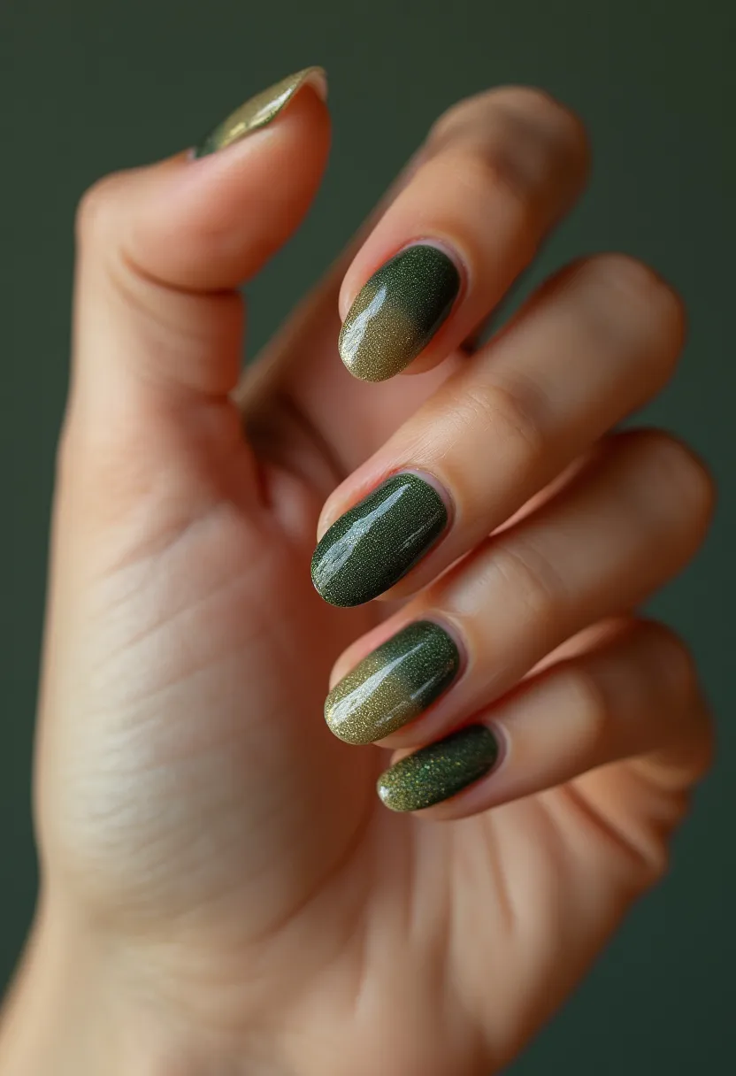 The nail design features a rich color palette of deep olive green and shimmering gold, creating a visually striking gradient effect on each nail. The nails are shaped in a stylish almond form, contributing to an elegant and elongated appearance. The design appears to be created using a gel treatment, providing a glossy and smooth finish. The intricate pattern of the gradient transitions seamlessly from gold at the tips to green at the base, enhanced with a subtle metallic shimmer throughout. This nail art is sophisticated and might be perfect for fall or holiday seasons due to its earthy tones and festive sparkle.