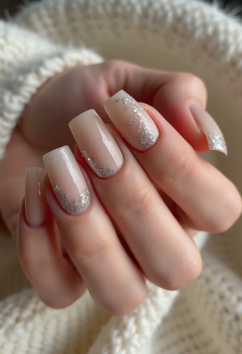 The nails in the image showcase a sophisticated and elegant design, featuring a neutral, pinkish-beige base color that enhances the natural beauty of the nails. The shape of the nails is square with clean, crisp edges. They are decorated with a delicate gradient of silver glitter starting from the cuticles and fading towards the tips, creating a shimmering, ombre effect. The glitter appears to have a slightly chunky texture, adding dimension and sparkle. This design seems to employ a gel nail treatment, providing a glossy and durable finish. The glitter accents and the neutral base make this manicure suitable for special occasions or even for a festive, winter-themed look. The design is both modern and chic, appealing to those who appreciate subtle yet eye-catching nail art.