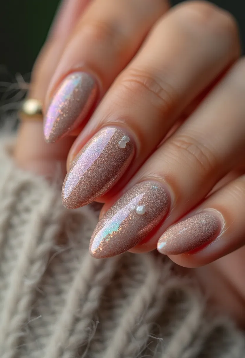 The nail design showcases a beautiful almond shape detailed with an elegant, shimmering nude-pink color palette. The nails appear to be treated with a gel or shellac polish, providing a glossy, long-lasting finish. Subtle holographic particles catch the light, creating an iridescent effect that adds depth and dimension. Small decorative elements, such as dainty white pearls, are delicately placed on each nail, enhancing the sophisticated and feminine look. This nail design could be suitable for various occasions, including festive seasons or special events, due to its glamorous yet understated charm.