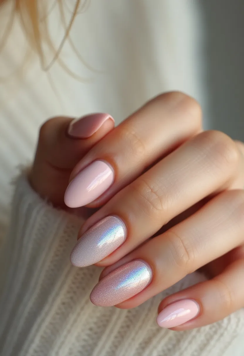 The nail design features an elegant blend of pastel and iridescent shades, primarily within the pink color palette. The nails are almond-shaped, offering a soft and feminine look. Three of the nails are painted with a glossy pastel pink, while the ring and middle finger showcase an iridescent, holographic finish that adds a shimmering effect and plays with light reflections for a glamorous touch. The nail treatment appears to be gel-based, giving a smooth, glossy, and durable finish. This design is suitable for various occasions, from everyday wear to special events, providing a subtle, yet stylish, aesthetic.