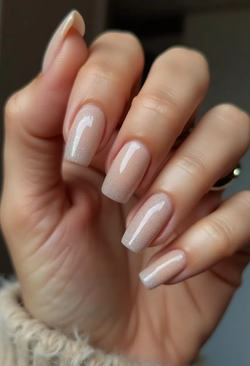 The nail design showcases a soft, neutral color palette with a nude base that transitions into a subtle shimmer. The shape of the nails is square with slightly rounded edges, creating a classic and sophisticated look. The nails appear to be treated with gel polish, as evidenced by the high gloss and durable finish. There are no intricate patterns or decorations, allowing the natural beauty of the shimmer to stand out. This understated yet elegant design is versatile and can be suitable for any season or occasion, making it a timeless choice for those who prefer simplicity with a touch of sparkle.