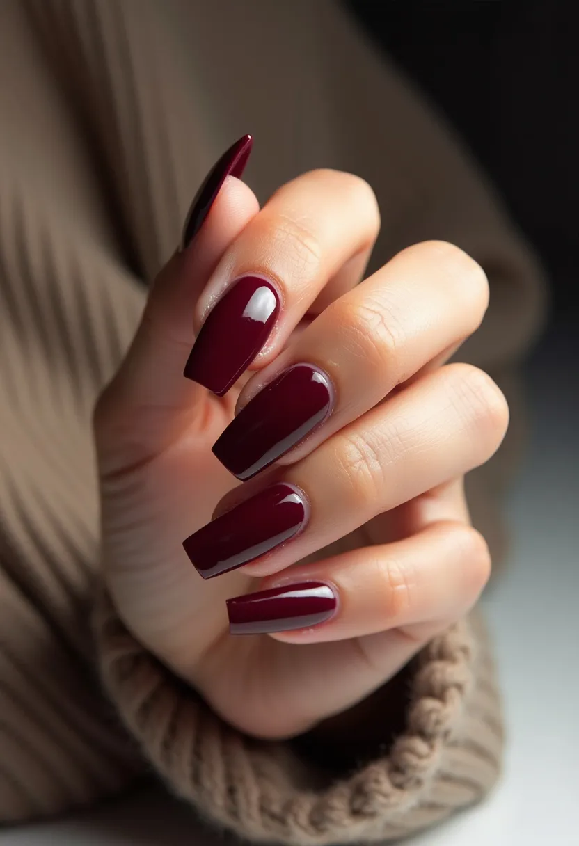 The nail design features elongated nails with a coffin shape, showcasing a rich, deep burgundy color. The nails have a glossy finish, indicating they might have undergone a gel or shellac treatment for a smooth and long-lasting effect. There are no intricate patterns or additional decorations, maintaining a sleek and sophisticated appearance. The deep burgundy hue is ideal for the fall and winter seasons, making it a perfect choice for these colder months or festive occasions. The simplicity of the design emphasizes elegance and timeless style.