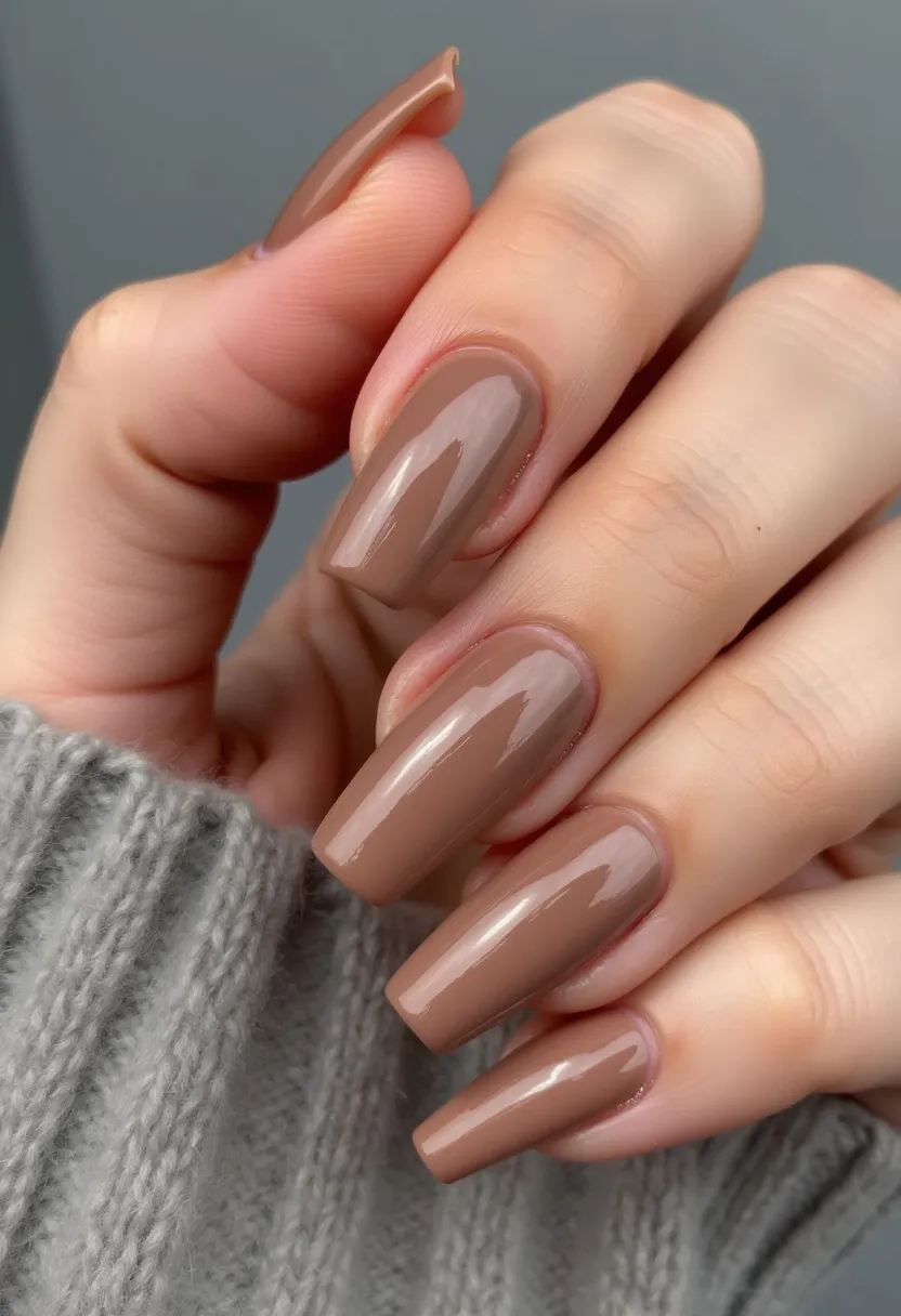 This nail design showcases a sophisticated and understated look featuring a monochromatic palette of warm, taupe brown. The nails are medium-length with a square shape, adding an elegant, clean-cut appearance. The finish appears to be a gel treatment, offering a high-gloss shine that enhances the rich, muted color. There are no additional intricate patterns or decorations, making this manicure versatile and suitable for any occasion. The taupe brown hue aligns well with autumn or winter seasons, providing a cozy, sophisticated vibe perfect for colder months.