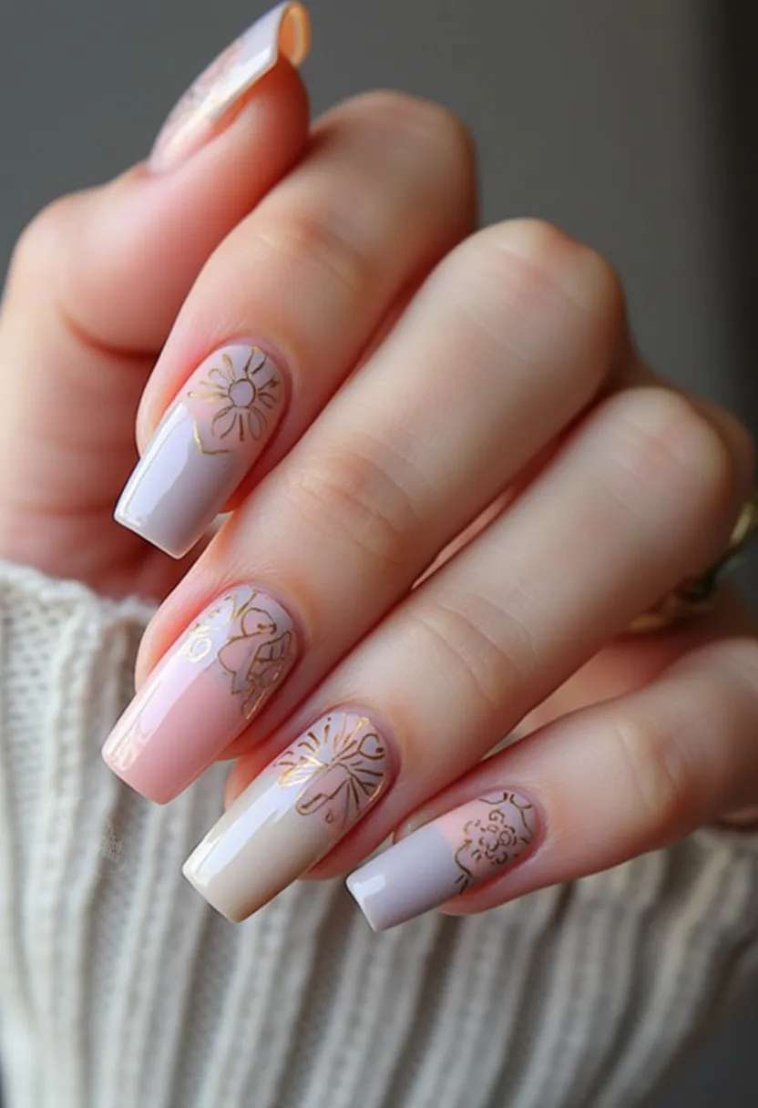 The depicted nail design showcases a sophisticated color palette featuring soft pastel shades of pink, beige, and lavender. The nails are shaped in a chic, tapered square form, offering a modern aesthetic. Intricate gold floral and abstract line patterns adorn each nail, adding an elegant and artistic touch. The nails appear to have a glossy finish typical of gel nail treatments, ensuring a durable and long-lasting look. This particular design exudes a delicate and refined charm, making it suitable for a spring or summer theme while also being appropriate for special occasions such as weddings or formal events.