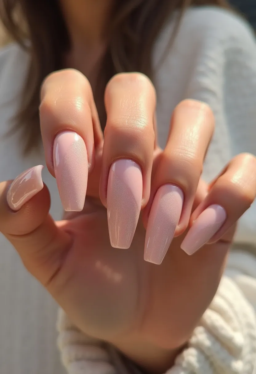 The nail design in the image showcases a soft, pastel pink color palette, creating a delicate and elegant look. The nails are shaped in a long, tapered square style, giving a modern and sophisticated appearance. There are no intricate patterns or decorations, resulting in a clean and minimalist design. The nail treatment appears to be gel, given the high-shine finish that enhances the overall look. The simplicity of this design makes it versatile for various occasions, from everyday wear to special events such as weddings or formal gatherings. The soft pink hue also ties well with spring and summer seasonal themes, imparting a fresh and airy feel.