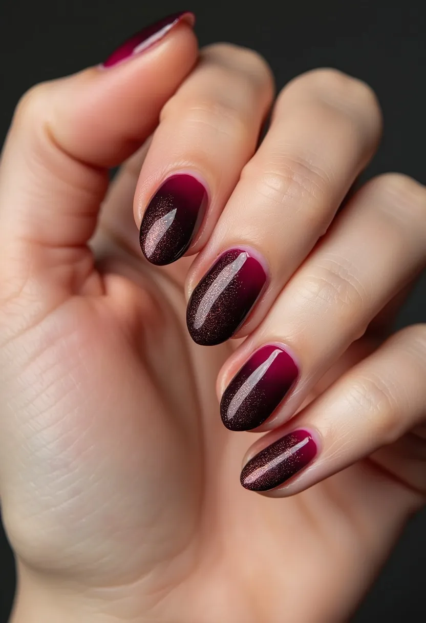 The nails feature a sophisticated design with a rich, dark red and black ombre color palette, finished with a glossy top coat. The nails are almond-shaped, providing an elegant and elongated look. The design includes intricate glitter accents that fade seamlessly into the darker tips, adding a subtle shimmer effect. This nail treatment appears to be a gel manicure, given the high-shine and smooth finish. The combination of dark hues and glitter makes this design ideal for fall or winter seasons, adding a touch of festivity and glamour suitable for special occasions or holiday celebrations.