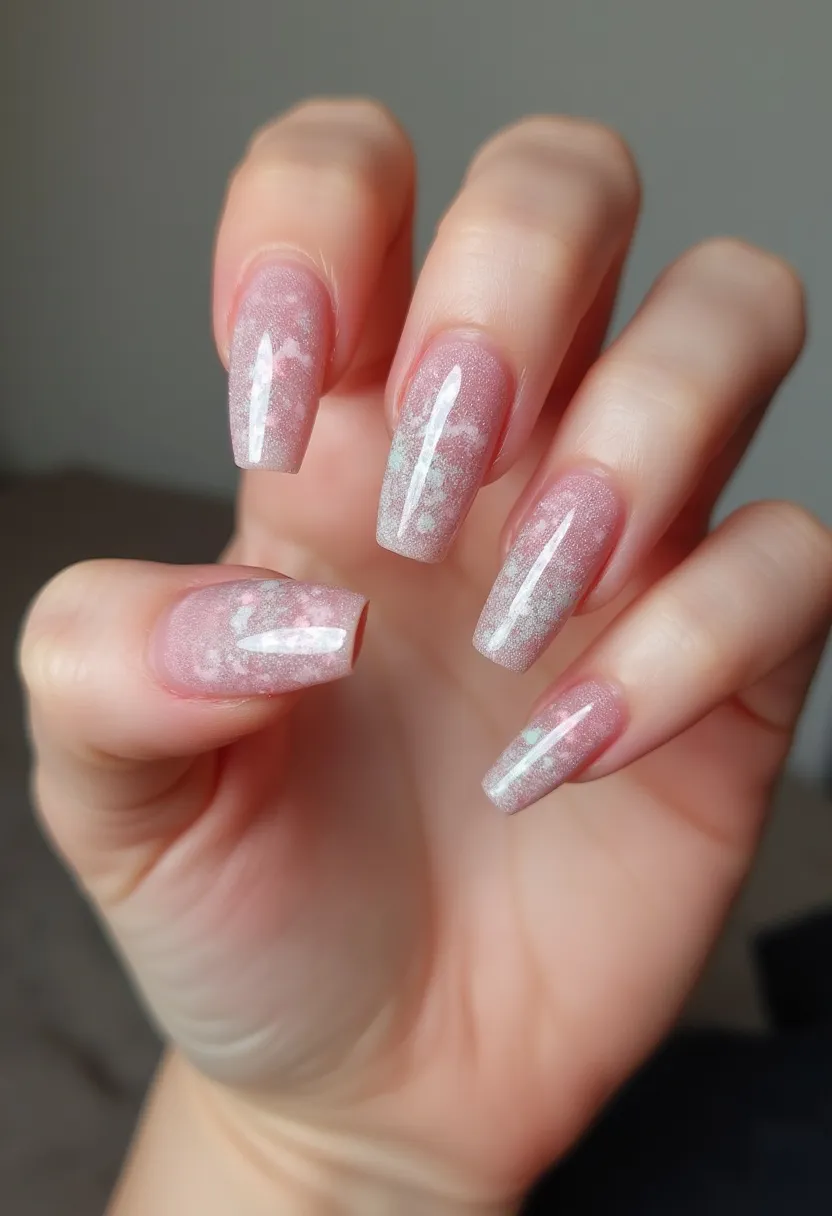 The nail design features a soft and elegant color palette with a base of translucent pink, accented by subtle white and silver marble-like patterns. The nails are shaped in a refined coffin style, which adds a touch of sophistication to the overall look. The design appears to be crafted using either gel or acrylic treatment, given the high gloss and durability visible in the finish. The combination of the pastel hues, delicate marbling, and glossy texture gives the nails a dreamy, ethereal quality that would be perfect for special occasions such as weddings or seasonal events like spring and summer gatherings.