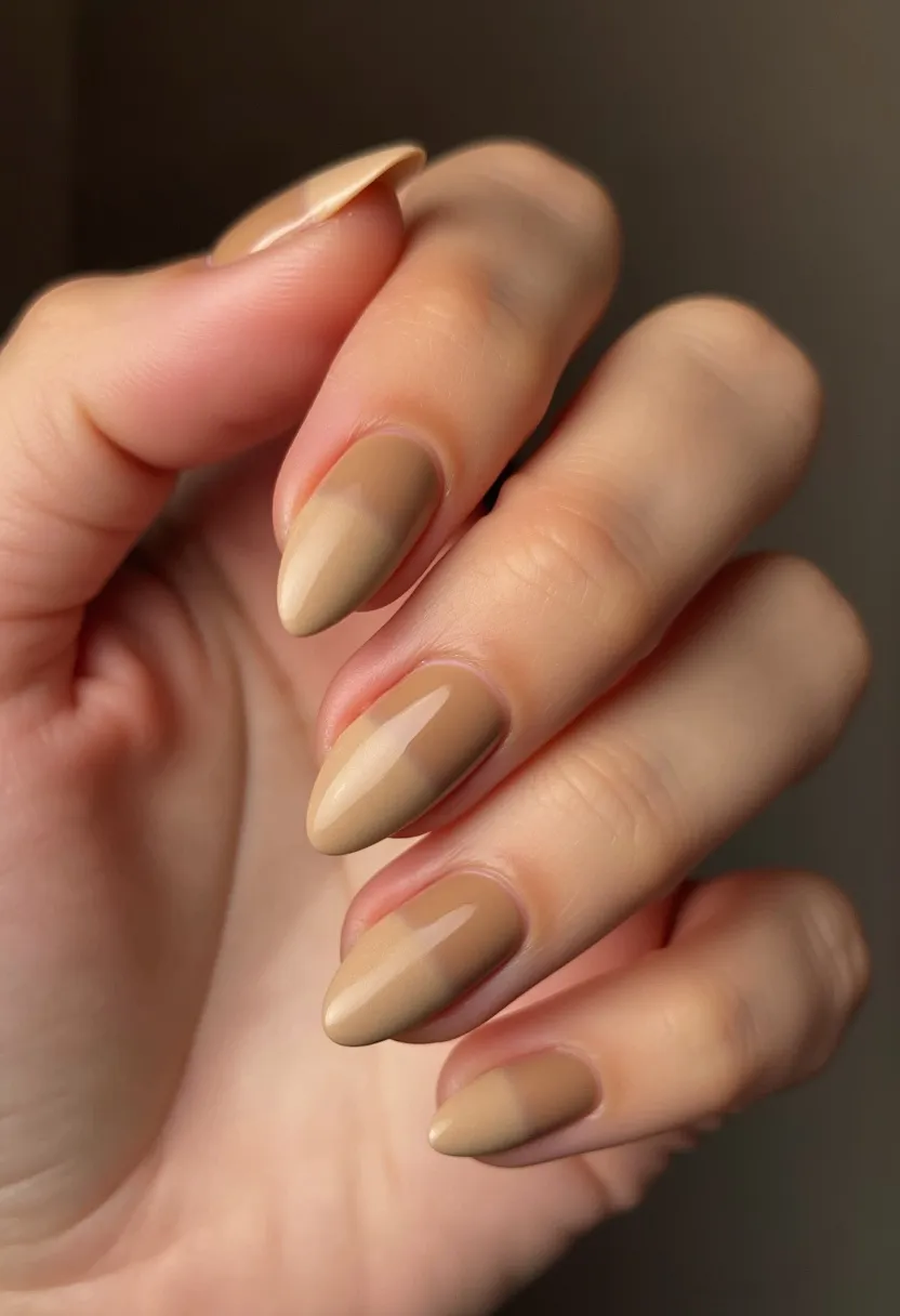 The nail design features almond-shaped nails, which taper to a soft point, providing a sleek and elegant look. The color palette consists of warm, muted nude tones, offering a sophisticated and understated appearance. This design uses a gradient or ombre technique, blending seamlessly from a lighter shade at the base to a slightly darker hue towards the tips. The nails appear glossy, likely achieved through a gel polish treatment, which adds a smooth and shiny finish. The simplicity and neutral colors make this design versatile for any season or occasion, offering a timeless and refined aesthetic.