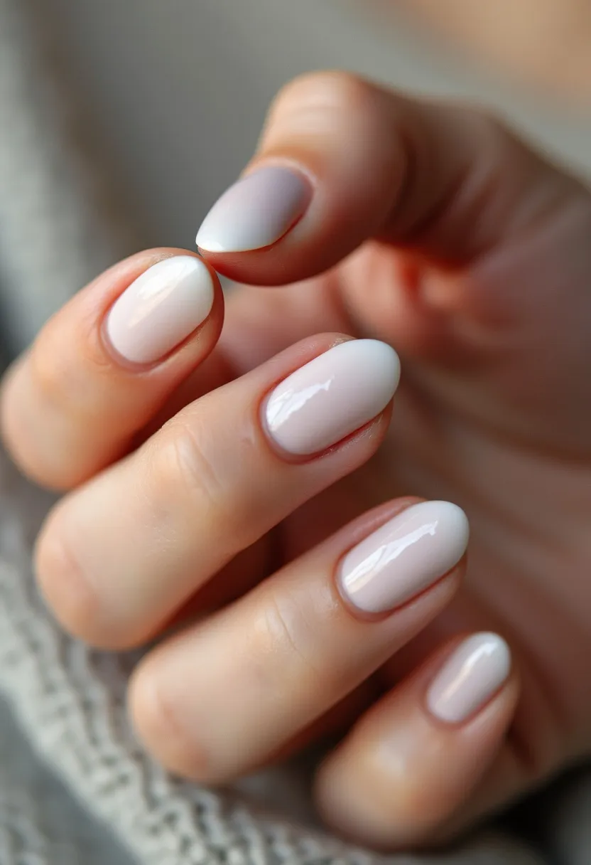 In this nail design, the nails are oval-shaped and feature a neutral color palette, primarily consisting of soft whites and light pinks. These nails appear to be treated with a gel or shellac finish, giving them a glossy and smooth surface. The design is simple and elegant, with no intricate patterns or decorations, emphasizing a sophisticated, understated look. The monochromatic pastel shades make this nail design versatile and suitable for various occasions, including weddings or professional settings, and it also aligns well with spring or summer seasonal themes. The uniformity and cleanliness of the design highlight a classic and timeless aesthetic.