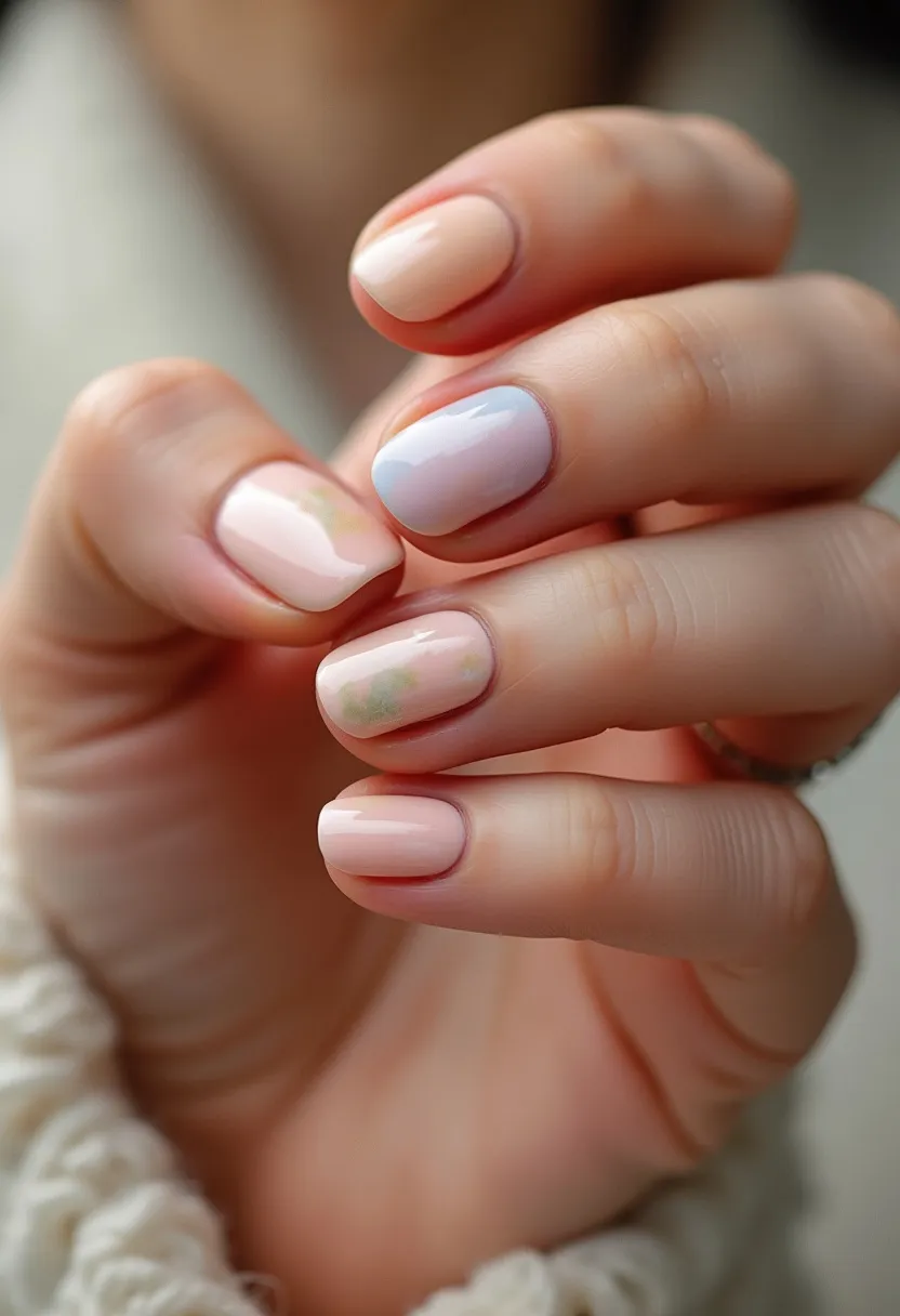 The nail design features a soft, pastel color palette with shades of light pink, nude, and a hint of subtle blue. The nails are short and neatly shaped in a rounded style. Intricate patterns are seen in the form of delicate, watercolor-like floral accents on some nails, enhancing the elegant and feminine look. This design appears to utilize gel nail treatment, providing a glossy and smooth finish. The delicate and muted colors, along with the floral design, suggest a spring theme, making it perfect for the season’s romantic and refreshing feel.