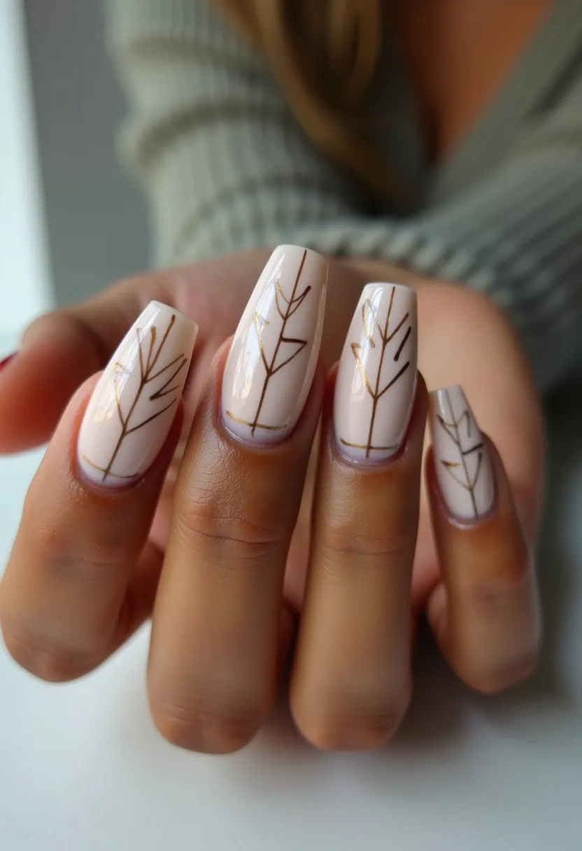 The nail design features a sophisticated and minimalist aesthetic with a soft nude base color palette, coupled with delicate gold leaf line accents. The nails are medium to long in length and exhibit a coffin or ballerina shape. The intricate patterns consist of sleek, gold linear designs that resemble stylized leaves or branches, offering a refined, nature-inspired look. This design appears to be achieved through a gel nail treatment, giving the nails a glossy and smooth finish. The overall theme is elegant and understated, making it suitable for various occasions but particularly fitting for the autumn season due to the natural elements and warm gold hues.