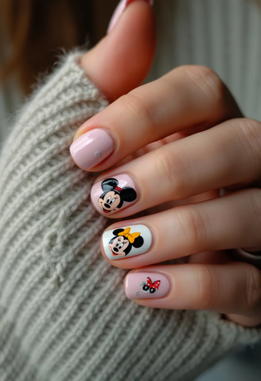 The nail design features a cute and playful theme with a color palette of soft pastel pink and white as the base colors. The nails are shaped in a natural, rounded style. The standout detail is the intricate cartoon character designs that embellish the nails. Three of the nails have detailed artwork of a well-known cartoon mouse, characterized by large round ears and facial expressions; one nail shows the character with a yellow bow, another with a red bow, and the third nail has a small bow detail. The artwork on the nails suggests a fun and casual theme, possibly suited for an everyday look or a trip to an amusement park. The type of nail treatment appears to be gel, given the smooth and glossy finish.