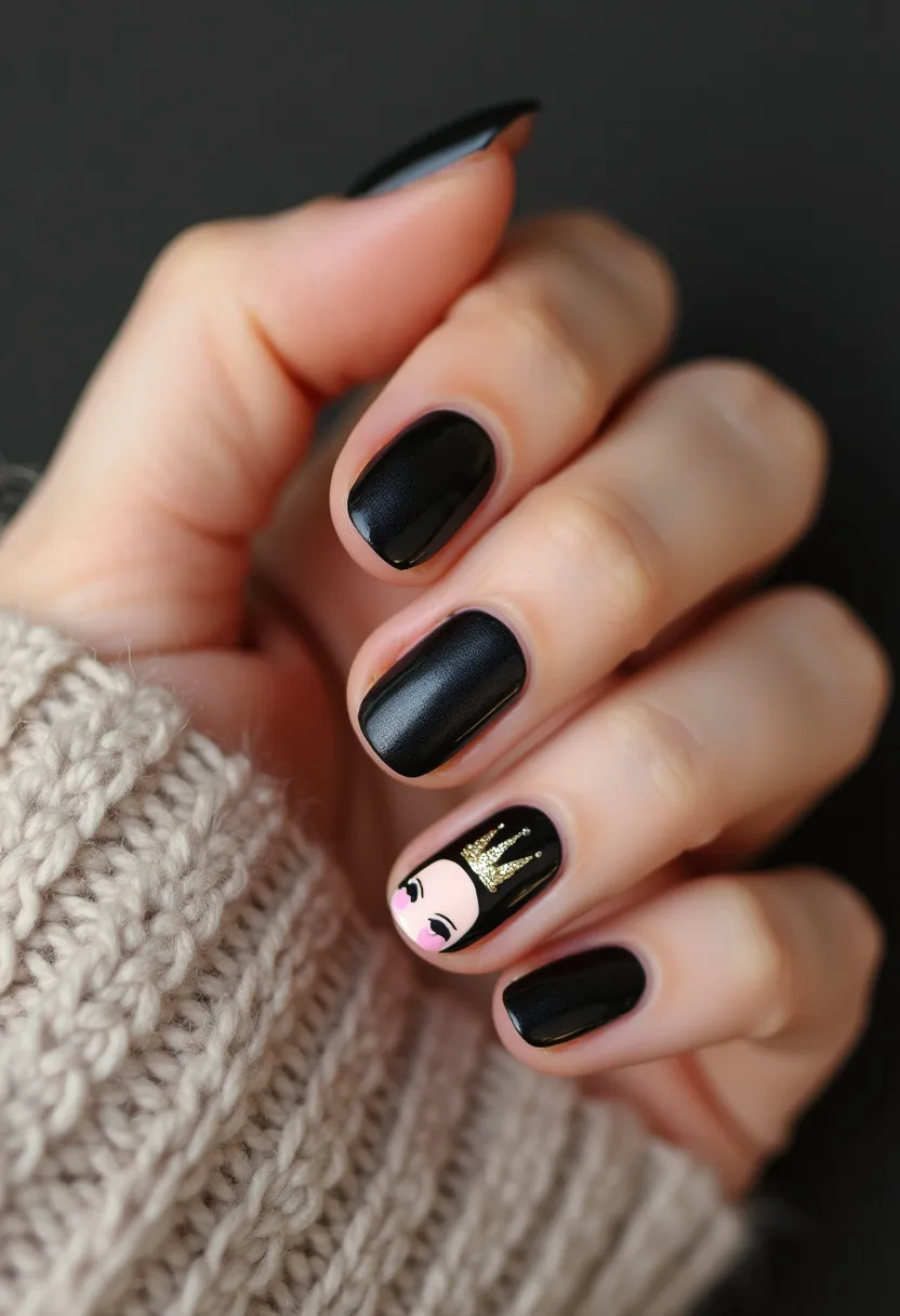 The nail design features a sleek black matte color palette that is applied uniformly across all nails, with a decorative accent on the ring finger. The nails are shaped in a softly rounded square, a style that complements the overall aesthetic. The standout detail is an intricate pattern on the ring finger, displaying a cute face with rosy cheeks, long lashes, and a golden crown, adding an element of charm and personality to the design. This design is likely created using gel polish, given its smooth, glossy finish and detailed artwork. The crown detail, rendered in sparkly gold, adds a touch of elegance and whimsy, making this manicure suitable for special occasions or a festive season.