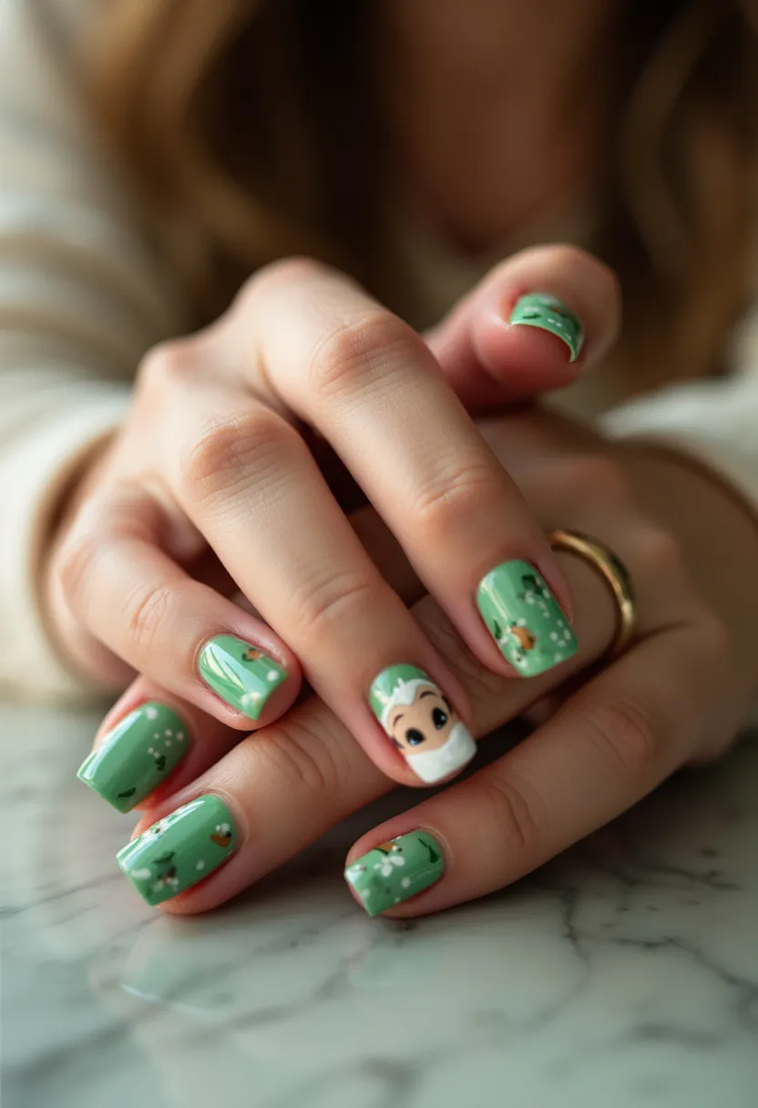 The nail design features a pastel green color palette, creating a soft and whimsical look. The nails are square-shaped and exhibit intricate patterns and decorations. Notably, one nail showcases an adorable cartoon character's face adorned with a Santa hat and mask, indicating a festive theme. The other nails are embellished with small, detailed drawings of cute animals, white dots, and tiny snowflakes, enhancing the overall whimsical and festive aesthetic. The nail treatment appears to be gel, given the glossy finish and durability of the design. This charming setup is ideal for the winter holiday season or special occasions such as Christmas.