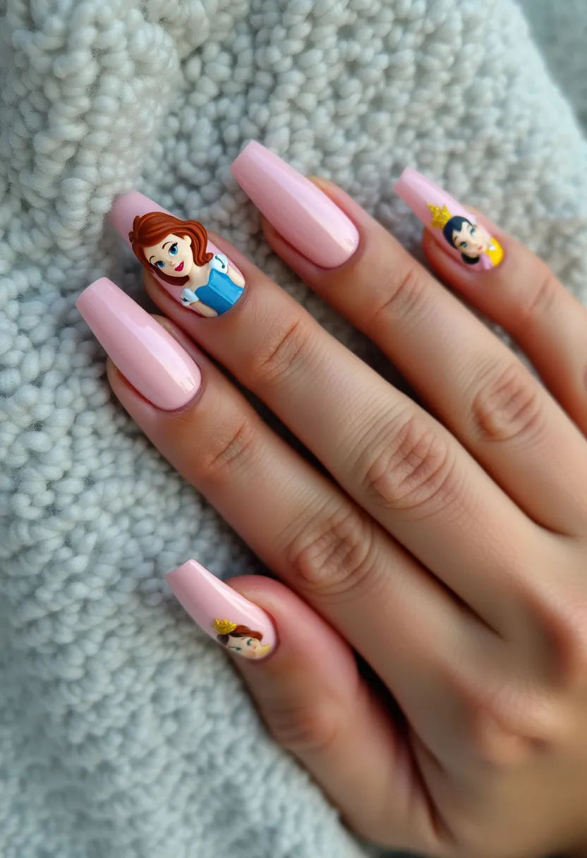 The nails are designed primarily in a pale pink color palette with a glossy finish, likely achieved through gel or acrylic treatment for durability and shine. The nails are shaped into a long square form. This design features intricate patterns, including detailed character art on three of the nails. On the middle nail, there's a character with red hair and blue attire, suggesting a themed decoration. The ring finger showcases another character with black hair and a yellow outfit, while the little finger depicts a character with brown hair and a yellow crown. The attention to detail and character-themed decorations suggest a homage to classic animated characters, making this design particularly suited for fans of animation or special events such as themed parties or conventions.