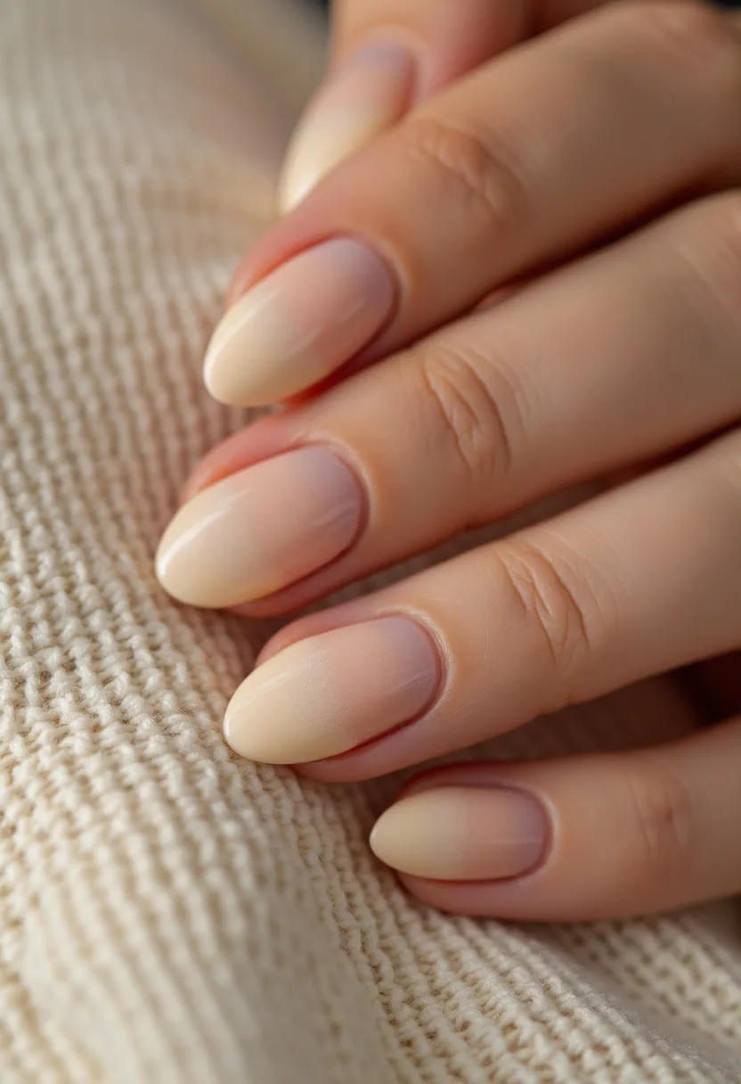 The nail design features a soft and elegant color palette consisting of shades of nude and beige, creating a smooth gradient effect from the nail bed to the tip. The nails are shaped in a classic almond form, which complements the subtle ombre gradient. The nails appear to have a matte finish, suggesting a professional gel or shellac treatment, providing both durability and a smooth texture. This design doesn't incorporate any intricate patterns or decorations, emphasizing simplicity and sophistication. The minimalistic style and neutral tones make the nails versatile for any season and suitable for various occasions, from daily wear to formal events.