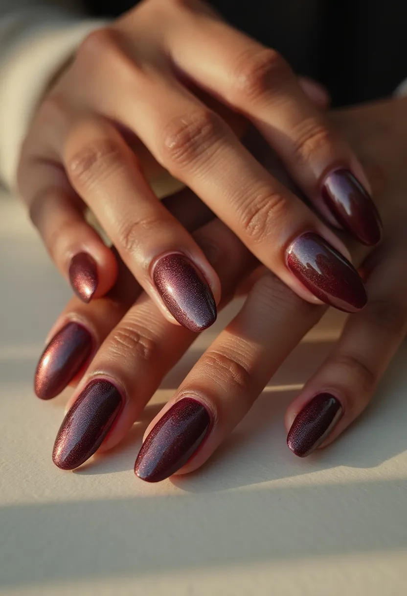 The nail design features a rich, metallic burgundy color palette with a subtle shimmer that gives the nails a sleek and sophisticated appearance. The nails are almond-shaped, tapering to a gentle point, which adds elegance to the overall look. The polish appears to be gel-based, providing a glossy finish and ensuring durability. This design does not showcase any intricate patterns or additional decorations, focusing on the striking beauty of the solid color and its reflective quality. The deep, warm hue and luxurious finish make this nail design particularly suitable for fall or winter seasons, as well as for special occasions where a touch of refined glamour would be appreciated.