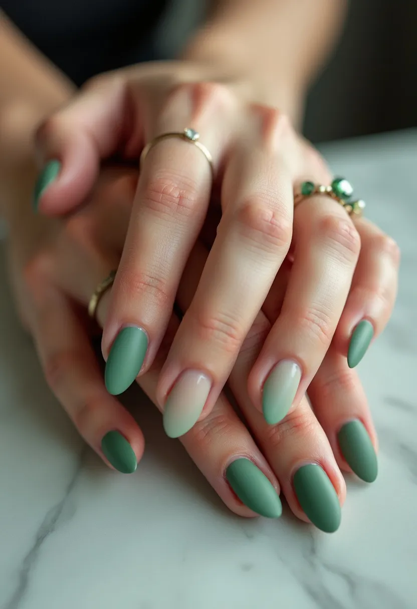 The nail design features an elegant combination of muted green hues with a matte finish. The stiletto-shaped nails enhance the overall sophistication of the look. The nail color palette includes a rich forest green predominantly, complemented by accent nails in a soft, transitional ombre effect that fades from a gentle nude to green. The intricate ombre patterns on the accent nails add a subtle yet captivating detail to the design. This nail art is suggestive of a gel treatment due to the smooth, flawless finish and the durability implied by the vibrant yet matte appearance. The green color palette and overall design could be suitable for the fall season, reflecting the earthy tones commonly associated with autumn. The design is versatile and can be worn for everyday elegance or special occasions, lending a refined, nature-inspired aesthetic.