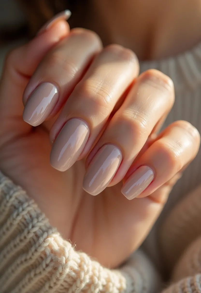 This nail design features a soft, neutral color palette with a smooth, glossy beige or nude shade that exudes timeless elegance. The nails are shaped in a classic medium-length oval form, which adds a subtle sophistication to the overall look. There are no intricate patterns or decorations, suggesting a preference for simplicity and refinement. The treatment appears to be gel, as evidenced by the high-gloss finish and smooth, even application. This polished and understated design is versatile, making it suitable for various occasions, from everyday wear to formal events, and seems particularly appropriate for a minimalist or professional aesthetic.