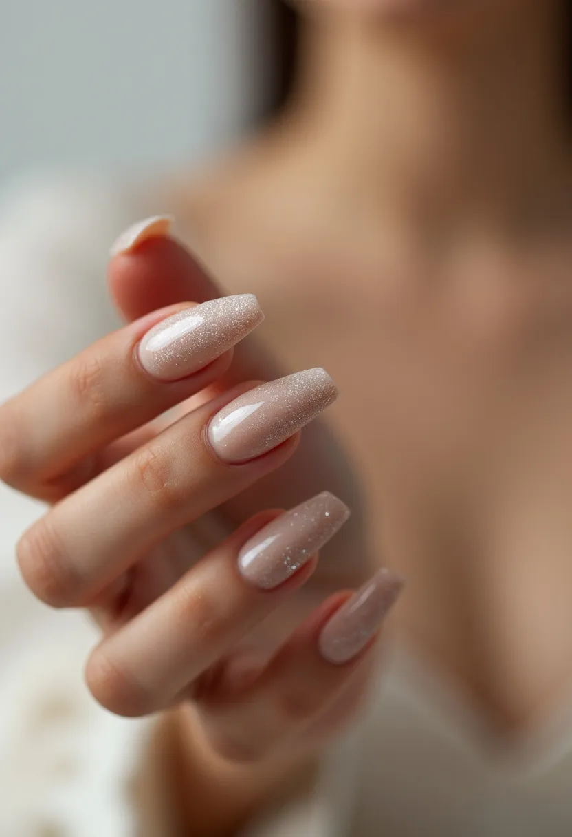 The nail design features a nude color palette with a subtle, elegant sheen. The nails are shaped in a long coffin form, providing a sophisticated and elongated appearance. This particular design includes a delicate dusting of fine glitter, adding a touch of sparkle and glamour to the overall look. The treatment appears to be achieved using gel, offering a smooth, glossy finish that enhances the durability and shine of the nails. The neutral tones combined with the glitter make these nails ideal for a variety of occasions, from daily wear to special events, offering a versatile and chic aesthetic that could be fitting for any season.