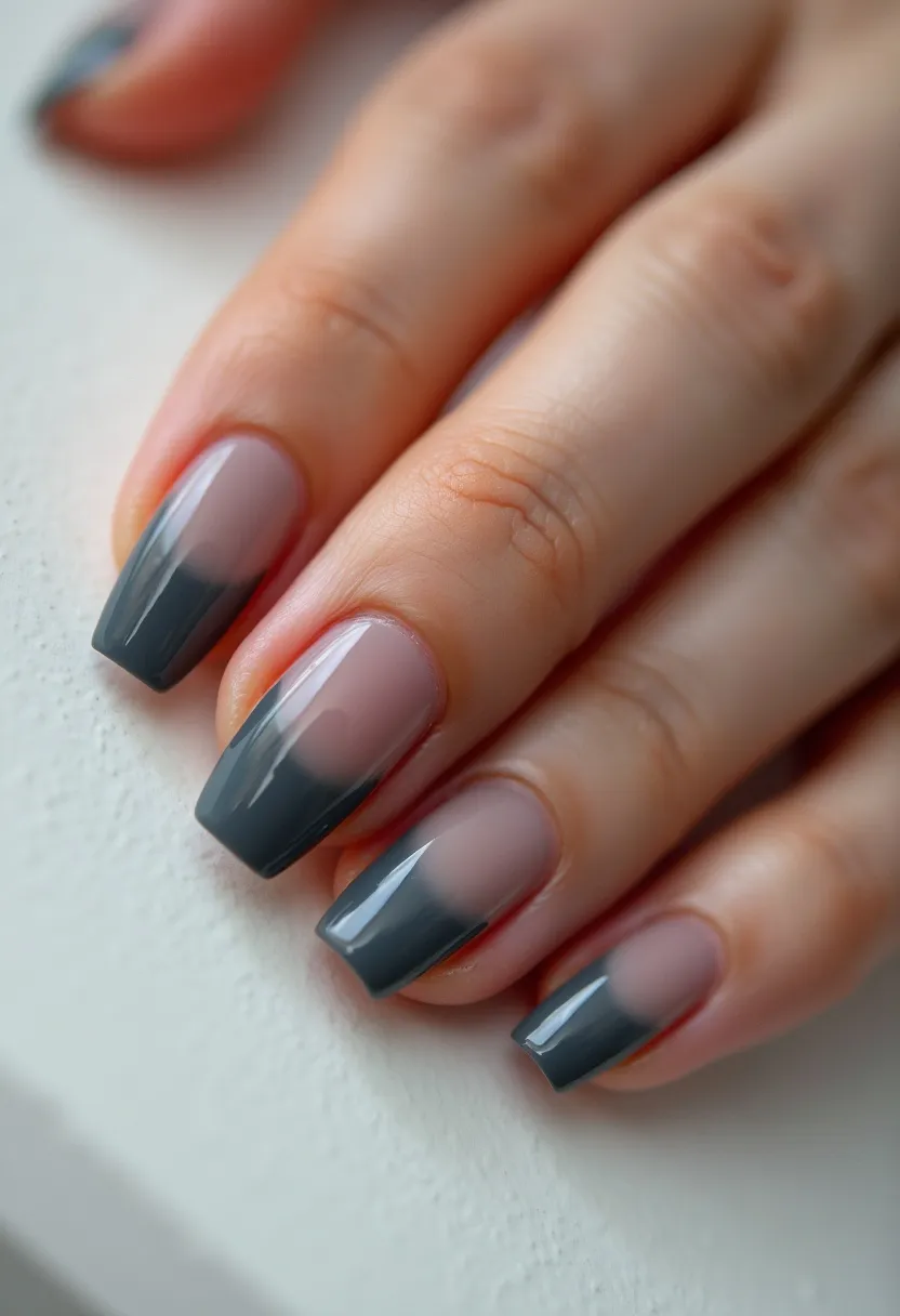 The nail design features a sophisticated ombre effect using a sleek color palette of nude transitioning to a dark, muted grey shade. The nails are shaped into a modern, slightly rounded square, providing a clean and elegant look. This design leans towards a gel or shellac treatment given its glossy finish and smooth gradient. The design does not feature additional patterns or decorations, favoring a minimalist aesthetic. The subtle gradation and neutral tones make this nail art suitable for a variety of seasons and occasions, from professional settings to casual outings.