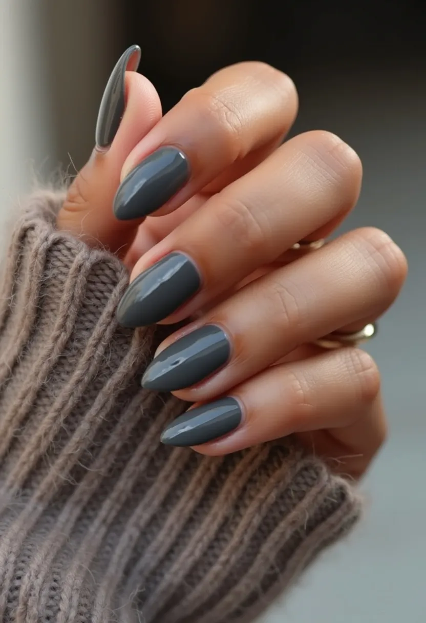 The nail design features a solid, monochromatic color palette, using a smooth, dark gray polish that offers a sleek, polished finish. The nails are shaped into a modern, almond form, which elongates the fingers and provides an elegant appearance. The nail polish appears to be a gel treatment, providing a glossy and durable finish, indicating a high-shine, long-lasting quality. The simplicity of the design does not include any intricate patterns or additional decorations, making it suitable for versatile wear. This nail design is particularly apt for the winter season due to the dark, sophisticated hue, or it can also be worn for formal occasions where a classic, understated look is preferred.