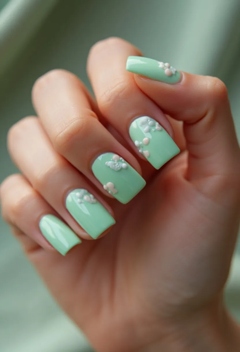 The nail design showcases a pastel green color palette, ideal for a fresh and lively appearance. The nails are shaped in a square style, offering a clean and modern look. Each nail is adorned with small, intricate 3D floral decorations in white and light pink hues, creating a delicate and sophisticated pattern. The use of gel polish gives the nails a smooth, glossy finish that enhances the vibrancy of the design. This design is perfect for spring or summer seasons, evoking a sense of blooming flowers and light-hearted elegance.