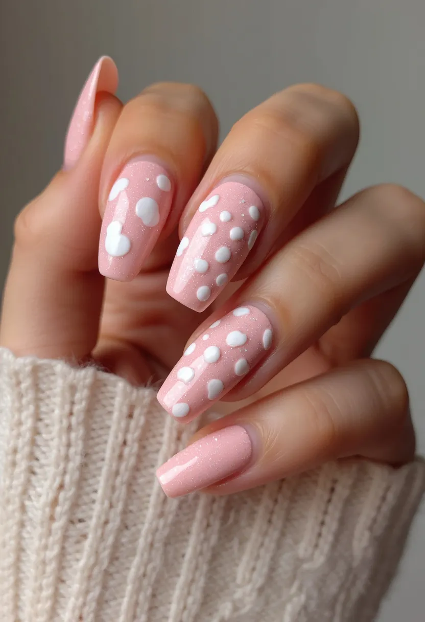 This nail design features a soft, pastel pink color palette with a slightly glossy finish, indicative of a possible gel treatment. The nails are shaped into long, tapered coffins, enhancing a sophisticated look. Adorning the nails are distinctive white polka dots of varying sizes, strategically placed to create an eye-catching pattern. This chic and playful design suggests a fun, yet elegant vibe, possibly suited for spring or a celebratory occasion, adding a cheerful and bright touch to the overall aesthetic.