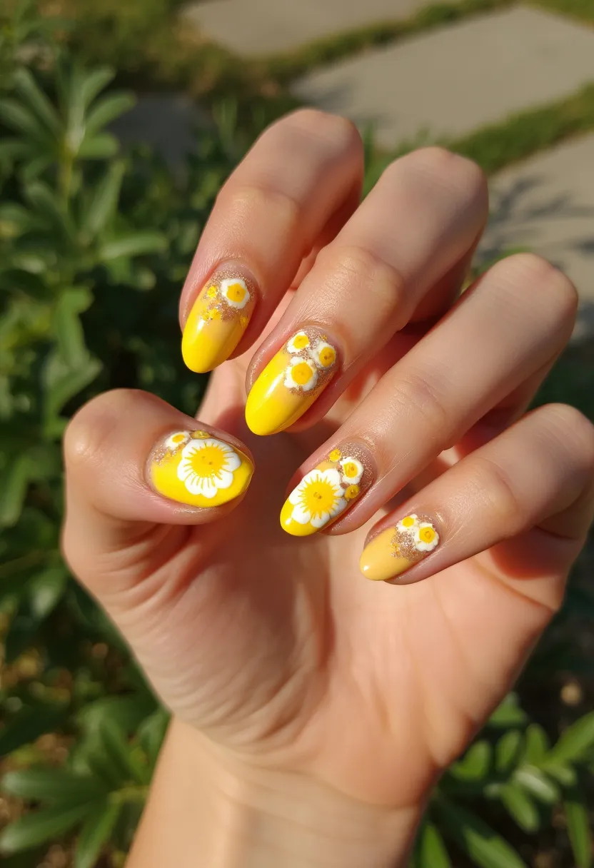 The nail design features a vibrant and lively color palette predominantly in shades of bright yellow, complemented by white and hints of glittery gold. The nails are almond-shaped, adding an elegant and delicate touch to the overall look. The intricate patterns include detailed daisy flowers with white petals and yellow centers, artfully placed on each nail. The decoration on the nails seems to consist of hand-painted designs, giving a personalized and artistic flair. The use of floral patterns and bright colors suggests a seasonal theme, particularly suitable for spring or summer, reflecting a cheerful and sunny disposition. The glossy finish indicates a potential use of gel or shellac nail treatment, ensuring durability and a high-shine effect. This design is perfect for a festive occasion or to simply embody a playful and joyful summer vibe.