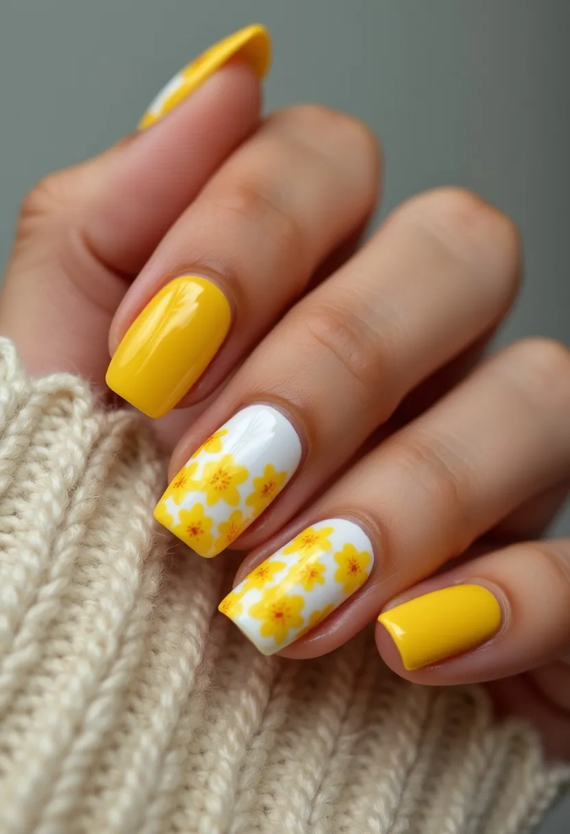 This nail design features a vibrant and cheerful color palette of bright yellow and white. The nails are square-shaped with a glossy finish, indicating they might be treated with gel polish for a durable and shiny appearance. Each hand alternates between solid yellow nails and white nails adorned with intricate yellow floral patterns, creating a harmonious and lively design. The floral motifs are detailed with small orange centers, adding depth and visual interest to the design. The overall look evokes a fresh, springtime theme, perfect for celebrating the season or a special occasion like a garden party or outdoor event.