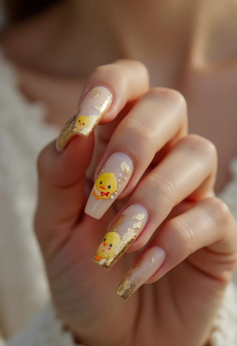 This nail design features a soft, neutral base color paired with intricate gold accents creating an elegant, sophisticated look. The nails are of a long, coffin shape, which contributes to an elongated and stylish appearance. Key features of the design include adorable yellow chicks adorned with red bow ties and embellished with delicate white dots and small beads, enhancing the playful and festive vibe. The gold detailing appears like a foiled effect, fading towards the tips, adding a touch of glamor. This design seems fitting for a spring or Easter theme, celebrating renewal and joy. The polished finish and durability suggest gel or acrylic nails, ensuring long-lasting wear and a glossy, pristine appearance.