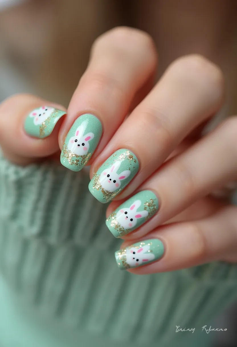 The nail design features a pastel mint green color as the base, giving a fresh and vibrant look. The nails are shaped in a medium-length oval form, offering a balanced and elegant appearance. Each nail is intricately decorated with a cute white bunny face, adorned with pink ears and black eyes and nose details. The tips of the nails are embellished with irregular golden glitter, adding a touch of sparkle and glam. The overall design seems to be inspired by a spring or Easter theme, making it perfect for the season. It appears to be a gel or possibly an acrylic treatment, ensuring a smooth, glossy finish with lasting durability. The combination of pastel colors, cute bunny motifs, and glitter accents gives this nail art a whimsical, festive look suitable for special occasions like Easter.