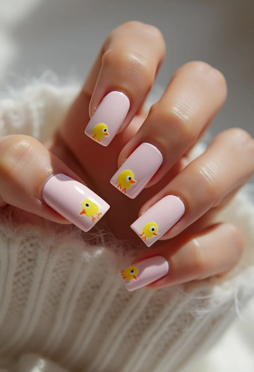 This nail design showcases a soft pastel palette with a base color of light pink. The nails are medium length with a square shape. Each nail features an adorable and intricately painted small yellow chick, adding a playful and detailed touch to the overall look. The nail treatment appears to be gel polish, given the smooth and glossy finish. The design exudes a cute and whimsical vibe, suitable for Spring or Easter celebrations due to the chick motif, indicating a seasonal or festive theme.