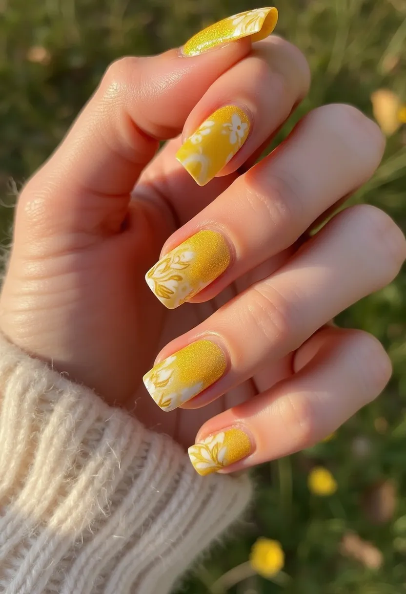 The nail design features a vibrant yellow color palette with a matte finish that suggests a possible gel or dip treatment. The nails have a square shape with slightly curved corners, giving them a modern and clean look. Intricate white floral patterns adorn each nail, enhancing the cheerful and lively theme of the design. These patterns include detailed blossoms and leaves that add a delicate touch. The design appears to be well-suited for spring or summer, and could be appropriate for various special occasions such as garden parties or weddings due to its bright and festive appearance.