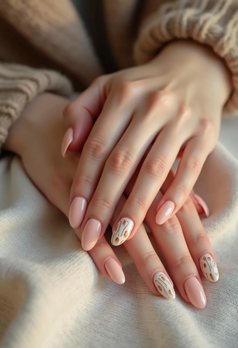 The nail design features almond-shaped nails that boast a soft, subtle color palette dominated by a pale pink base. The nails appear to be treated with gel, providing a glossy and durable finish. Among them, two accent nails on each hand display intricate, nature-inspired patterns in a contrasting white background with delicate golden and brown leaf-like details, adding an element of elegance and sophistication. This design is well-suited for an autumnal theme or a special occasion where a touch of refined, seasonal decor is desired. The overall aesthetic is chic and understated, perfect for someone looking for a mix of classic and artistic flair.