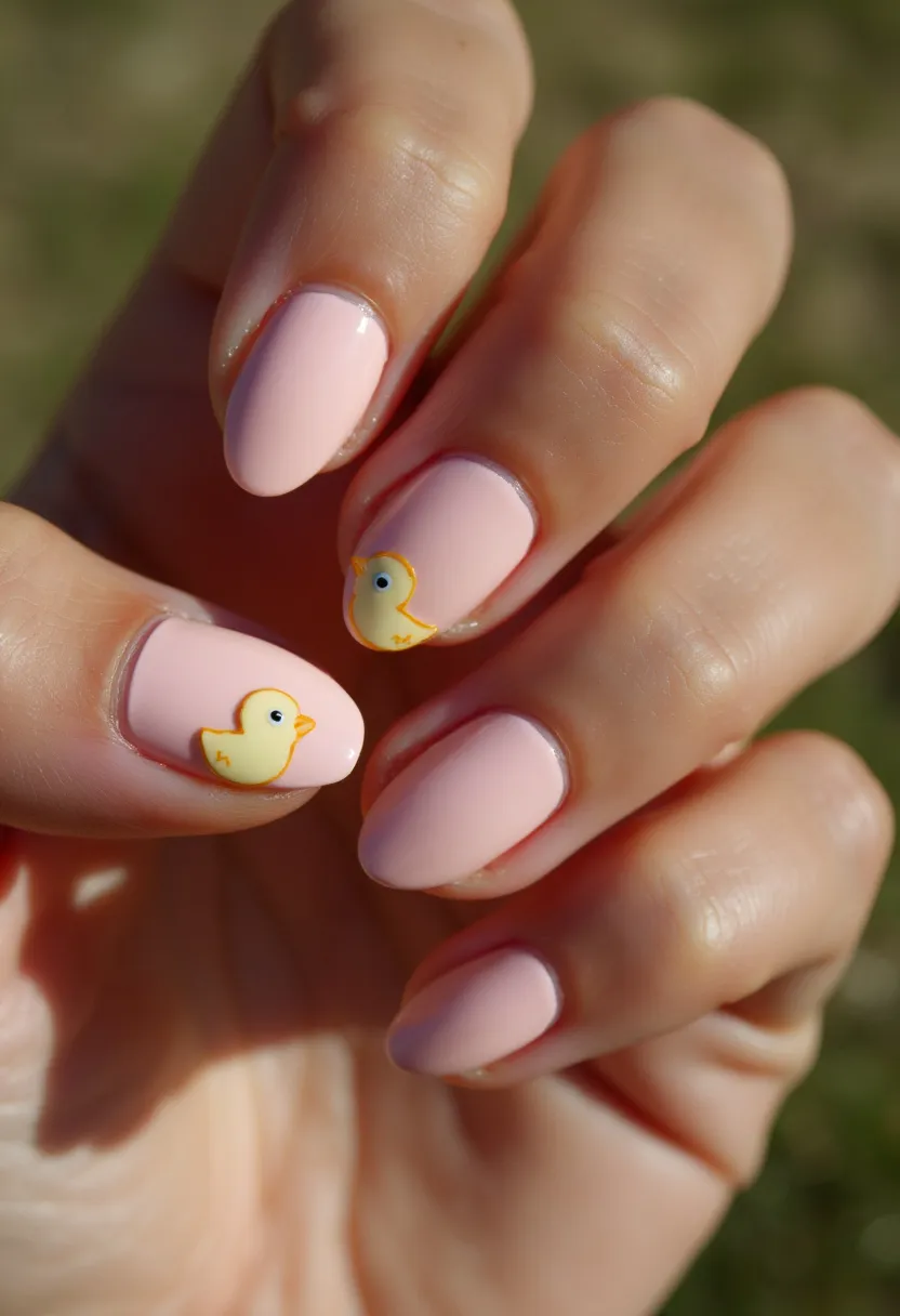 The nail design features a soft, pastel pink color palette applied to almond-shaped nails, creating a delicate and charming look. The nails are decorated with small, intricate duckling patterns on the ring and thumb nails, adding a playful and whimsical touch to the overall design. These embellishments suggest a spring or Easter theme, making the manicure well-suited for seasonal celebrations. The smooth and glossy finish of the nails indicates the use of a gel treatment, known for its long-lasting shine and durability. The combination of the soft color and cute decorations results in a charming and festive manicure perfect for welcoming the spring season.