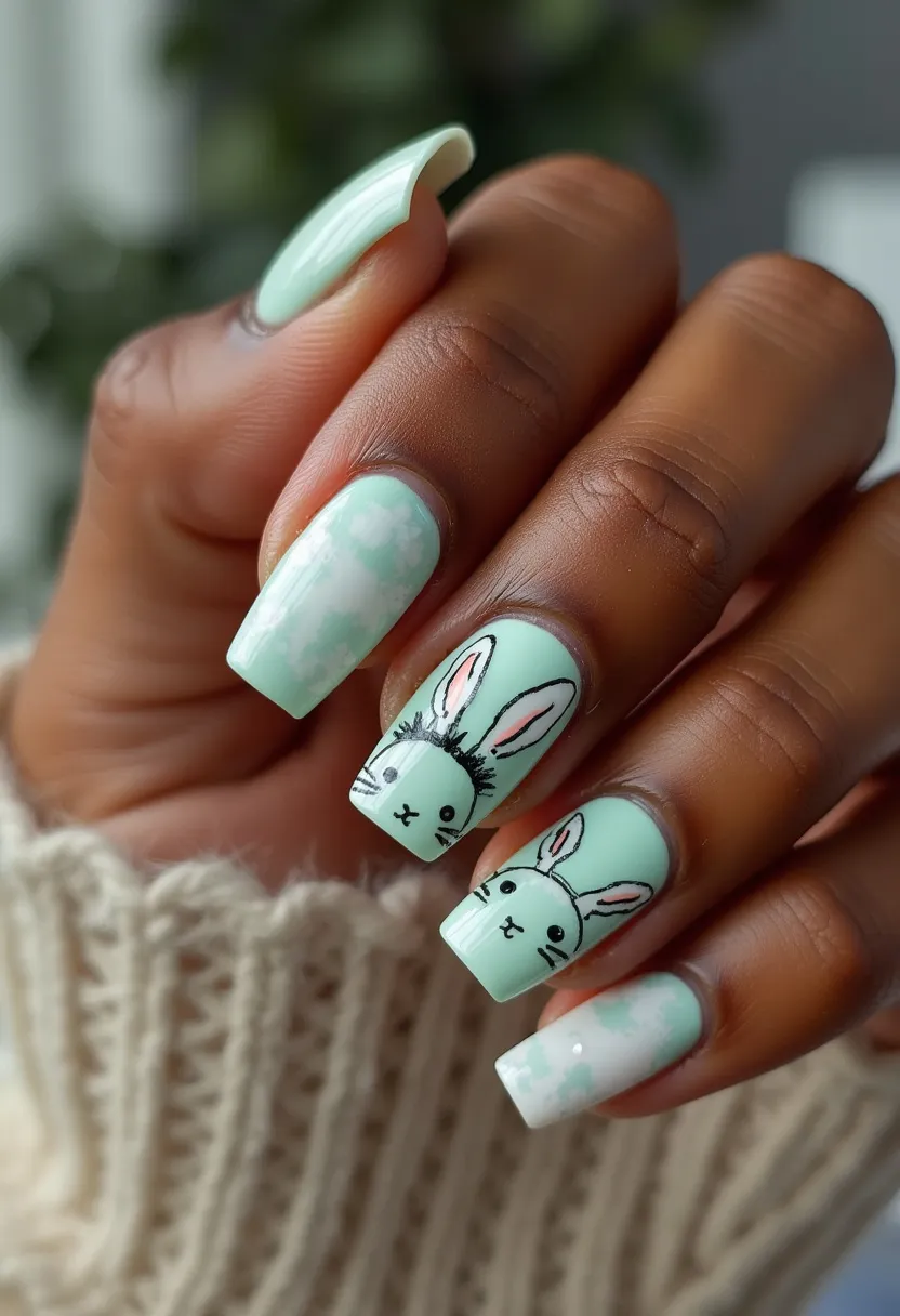 The nail design showcases a pastel color palette with a predominance of mint green and subtle white hues. The nails are shaped in a medium-long square style, giving them a sleek and modern look. The intricate patterns feature adorable cartoon bunny faces on two of the nails, lined with fine black strokes and accented with pink-tinted ears, adding a playful and charming touch. The surrounding nails have a soft, cloudy white pattern, creating a whimsical and dreamy effect. The style suggests a gel treatment, indicated by the smooth and glossy finish. This design exudes a lighthearted, springtime vibe, making it perfect for Easter or other festive, playful occasions.