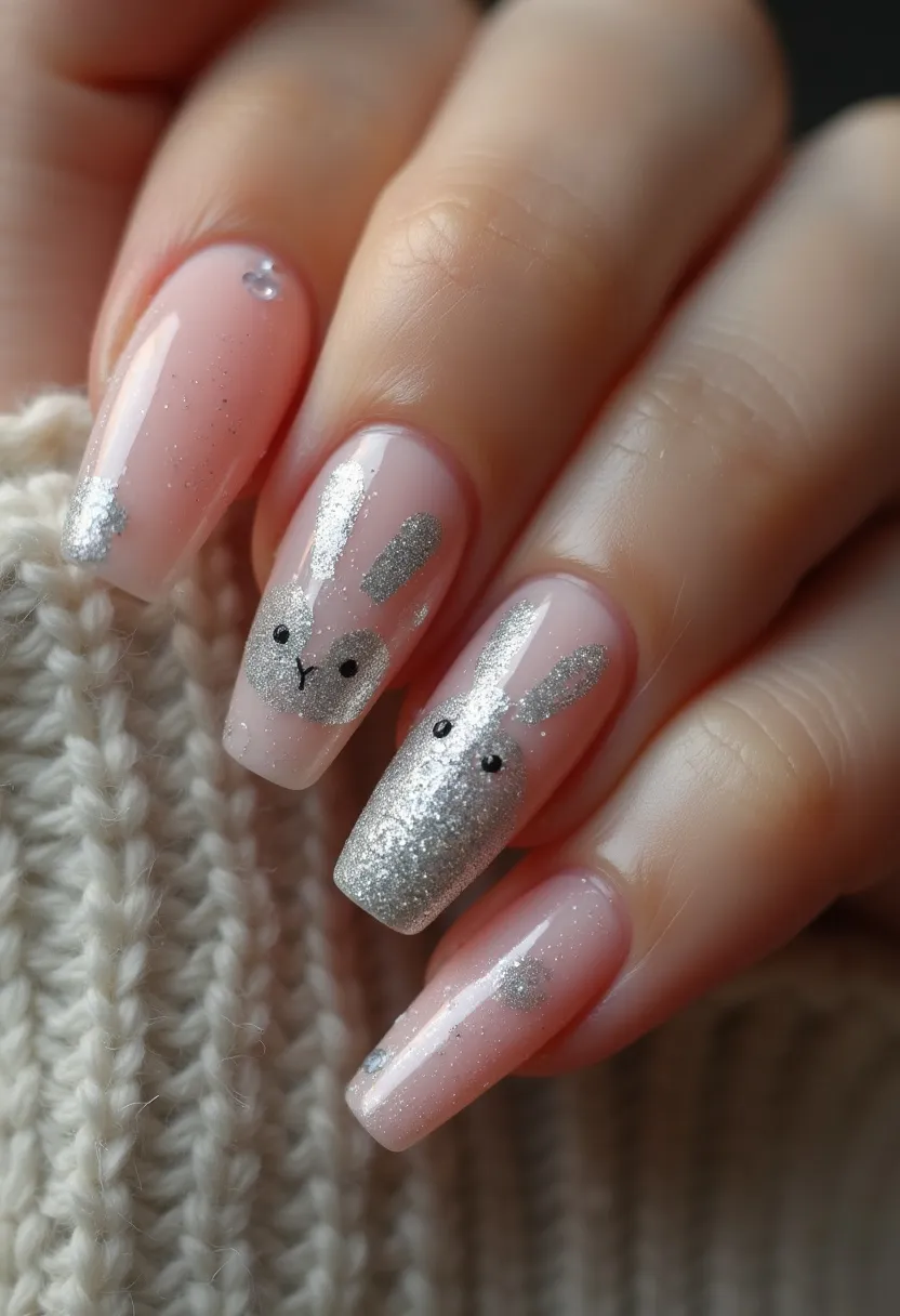 The nail design features a delicate and playful palette predominantly using pastel pink and silver glitter. The nails are shaped in a long, slightly rounded almond form, lending an elegant yet fun appearance. Intricate patterns include adorable bunny faces crafted out of silver glitter, complete with small black dot eyes, which bring a charming visual interest. The nail treatment seems to be gel, providing a smooth, glossy finish that enhances the design's longevity and appeal. The subtle sparkles and bunny motifs hint at a seasonal theme, likely geared towards springtime or Easter celebrations. This unique and whimsical design captures a sense of festive joy, making it perfect for a lighthearted, special occasion.