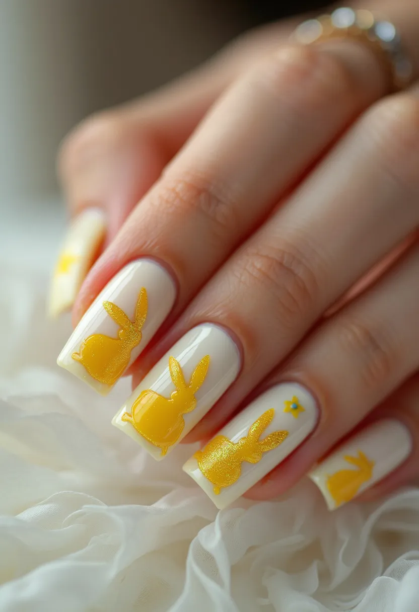 The nail design features a color palette of soft creamy white as the base color and vibrant yellow for the decorations. The nails are shaped in a square tip, adding a neat and sleek finish to the overall look. Each nail is intricately adorned with yellow rabbit silhouettes, possibly indicating a seasonal spring or Easter theme. Additionally, one nail features a small, charming yellow star, making the design playful and unique. The nail treatment appears to be done with gel, given the glossy and flawless finish of the nails and decorations. This nail design is ideal for celebrating special occasions, such as Easter, with its cheerful and festive elements.