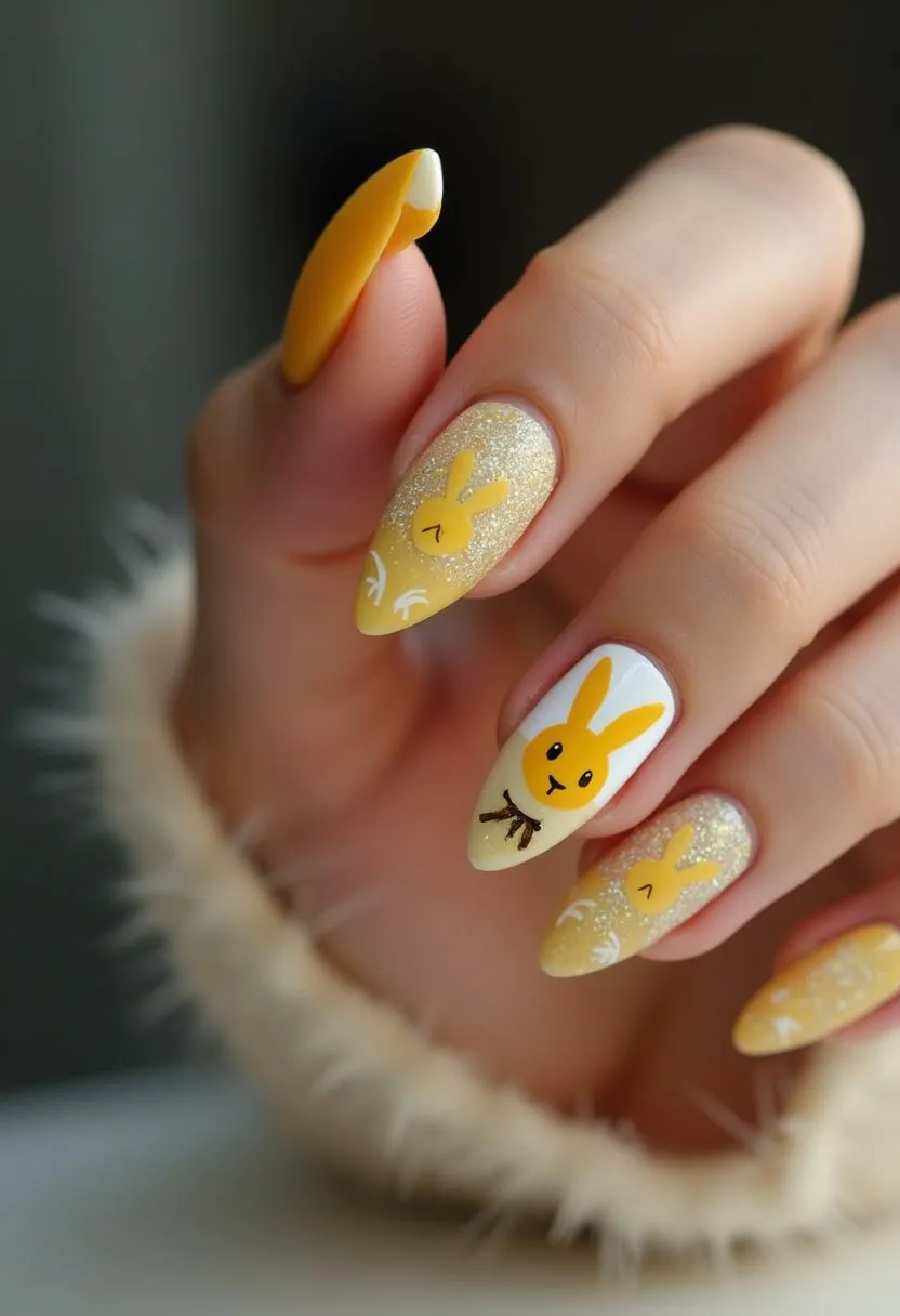 The nail design features almond-shaped nails and showcases a playful and whimsical palette dominated by various shades of yellow and white. The nails incorporate intricate patterns of bunny faces, creating a charming and festive theme that hints at spring or Easter celebrations. The main details include the yellow bunny faces with cute little eyes and whiskers, set against a background either solid color or with glitter accents, adding a touch of sparkle. The combination of solid and glitter nails suggests a gel or acrylic treatment, enhancing their durability and glossy finish. This nail design is both fun and elegant, perfect for a joyful seasonal theme.