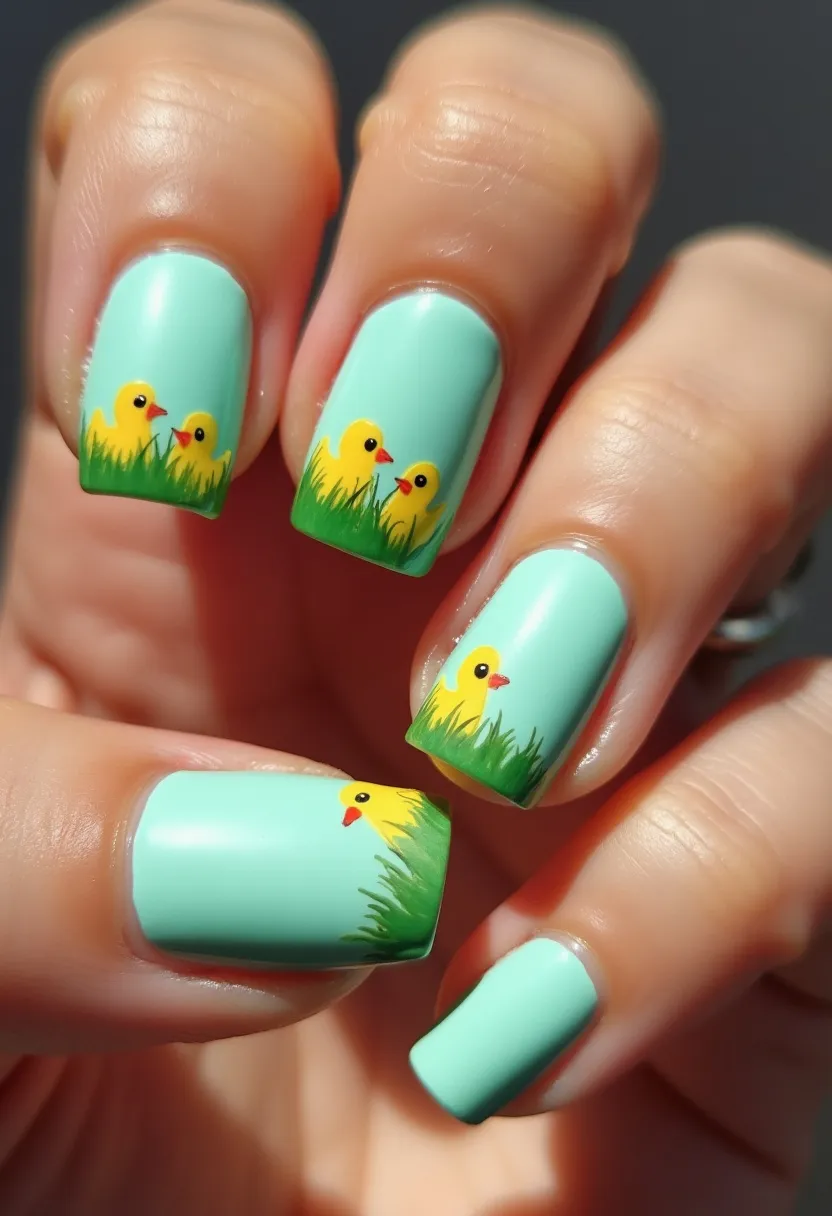 The nail design features a fresh and playful spring theme perfect for seasonal celebrations or special occasions like Easter. The nails are medium length with a squared shape, coated in a pastel mint green polish as the base. The intricate patterns highlight cute, yellow baby chicks peeking out from vibrant green grass, all painted near the tips of the nails. This adorable detail is artistically rendered, offering a cheerful and bright aesthetic. The glossy finish suggests a gel or shellac treatment, ensuring durability and a sleek, polished look. This design brings a touch of whimsy and nature, making it ideal for welcoming the spring season.