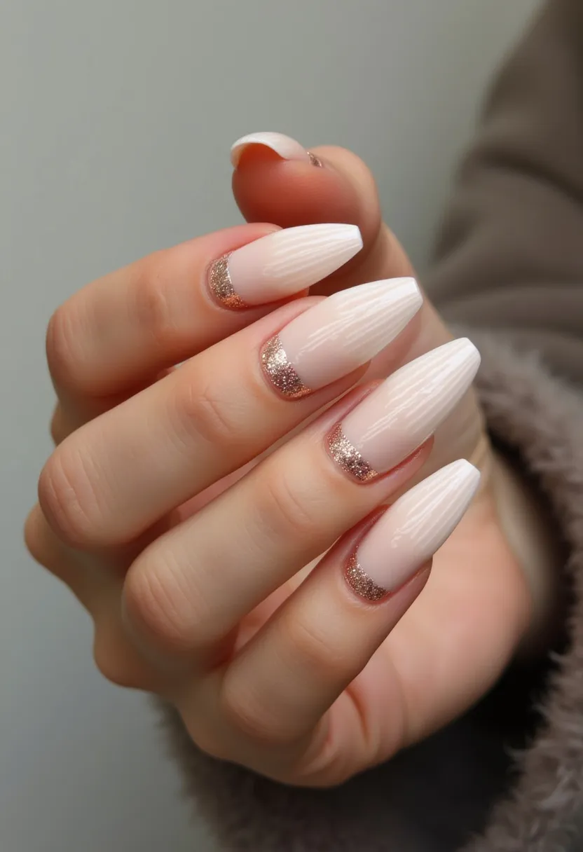 The nail design features a soft, sophisticated color palette of creamy white and rose gold. The nails are in a long stiletto shape, adding a sleek and elegant touch. Each nail is adorned with a metallic rose gold glitter band near the cuticle area, creating a glamorous and eye-catching accent. The creamy white base color appears glossy, suggesting a gel polish treatment that adds a high-shine finish and durability. The subtle vertical ridges in the white polish add texture and intrigue, enhancing the overall design. This manicure exudes a stylish and luxurious vibe, making it ideal for special occasions or festive celebrations.