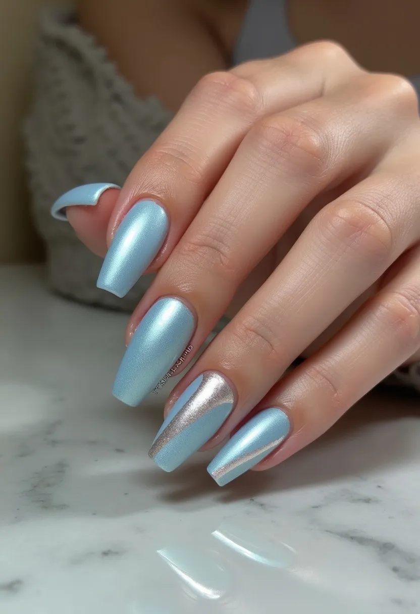 The nail design features a harmonious cool-tone color palette dominated by shimmering light blue and silver hues. The nails are long and shaped in a stylish coffin form, adding an elegant touch to the overall appearance. This set likely employs gel or acrylic treatments, given the smooth, glossy finish and durability implied by the design. Unique decorative accents are evident on the ring finger, where a metallic silver diagonal stripe contrasts beautifully with the light blue base, adding visual interest. This sophisticated yet modern look is suitable for both everyday wear and special occasions, with a subtle nod to winter themes due to the frosty color scheme.