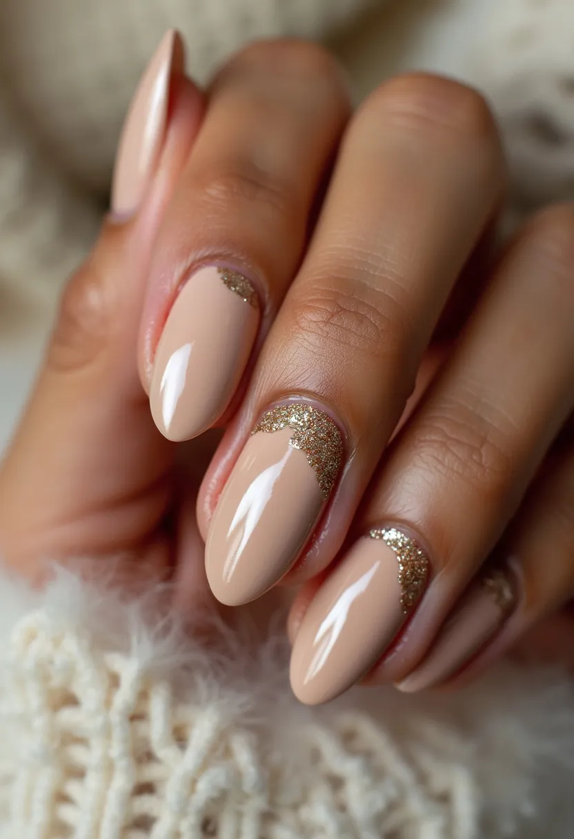 The nail design features a sophisticated and elegant aesthetic, characterized by an almond shape. The nails are painted in a nude beige color palette, complemented by intricate gold glitter accents near the cuticles, forming a subtle and stylish half-moon pattern. The glitter adds a touch of luxury and elegance to the otherwise simple and clean design, making it suitable for various special occasions or festive seasons. The high gloss finish suggests the use of gel treatment, ensuring durability and a lasting shine. This design is ideal for those seeking a refined yet eye-catching nail look.